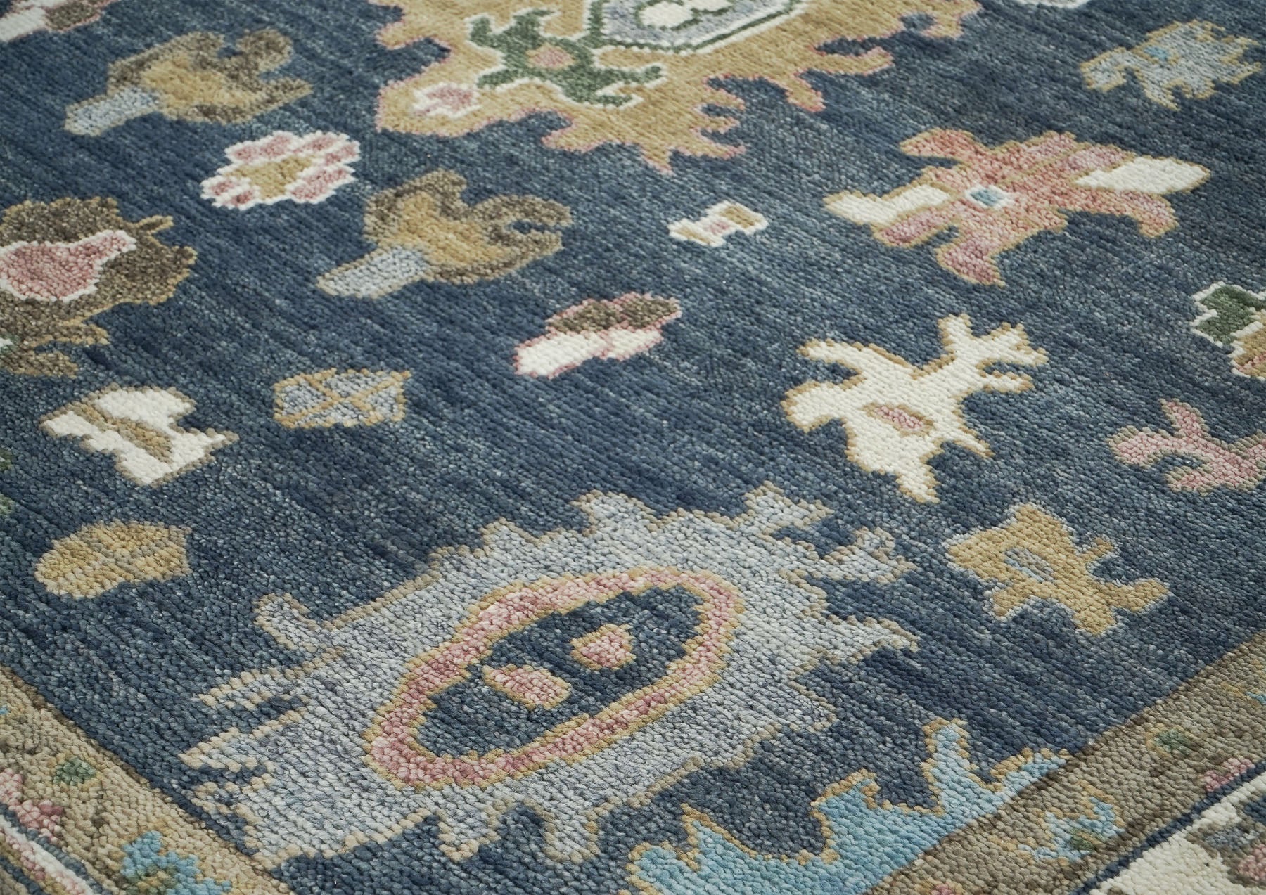 9x12 Blue, Ivory, Moss Color Hand Knotted Oushak Wool Arts and Crafts Oriental Rug