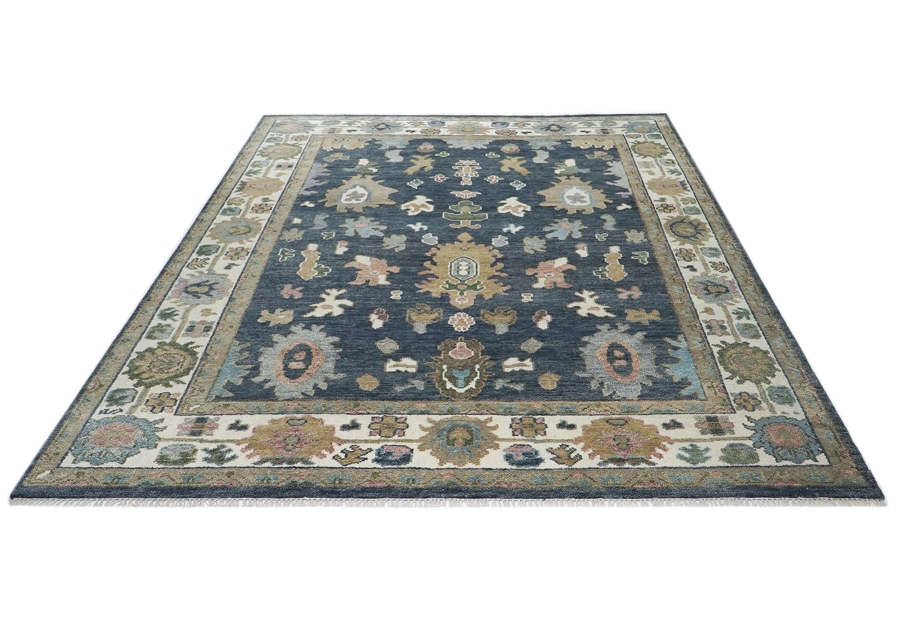 9x12 Blue, Ivory, Moss Color Hand Knotted Oushak Wool Arts and Crafts Oriental Rug