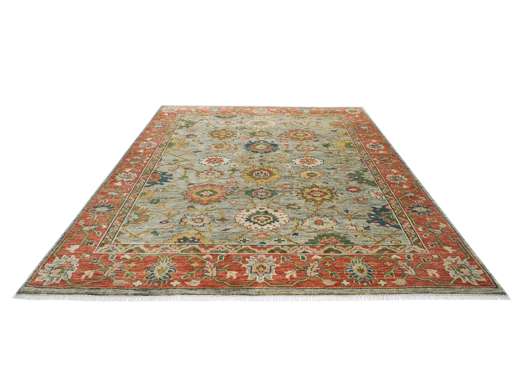 9x12 Mint, Burnt Orange, Blue Color Hand Knotted Oushak Wool Arts and Crafts Oriental Rug