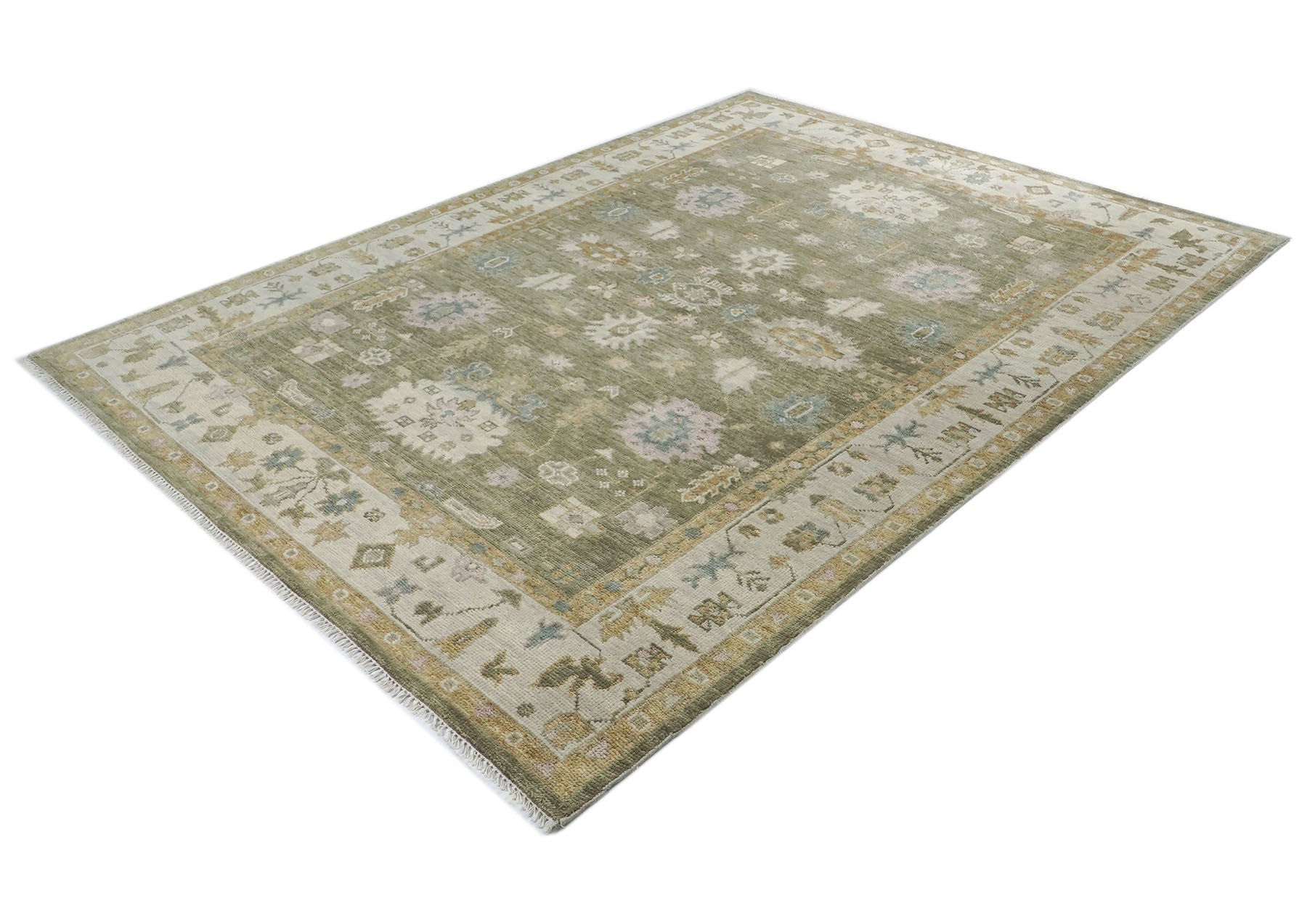 9x12 Sage, Beige, Rose Color Hand Knotted Oushak Wool Traditional Oriental Rug