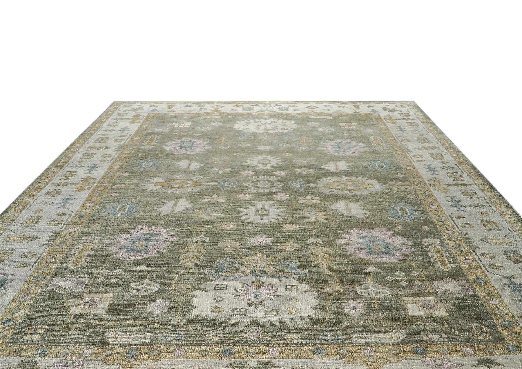 9x12 Sage, Beige, Rose Color Hand Knotted Oushak Wool Traditional Oriental Rug
