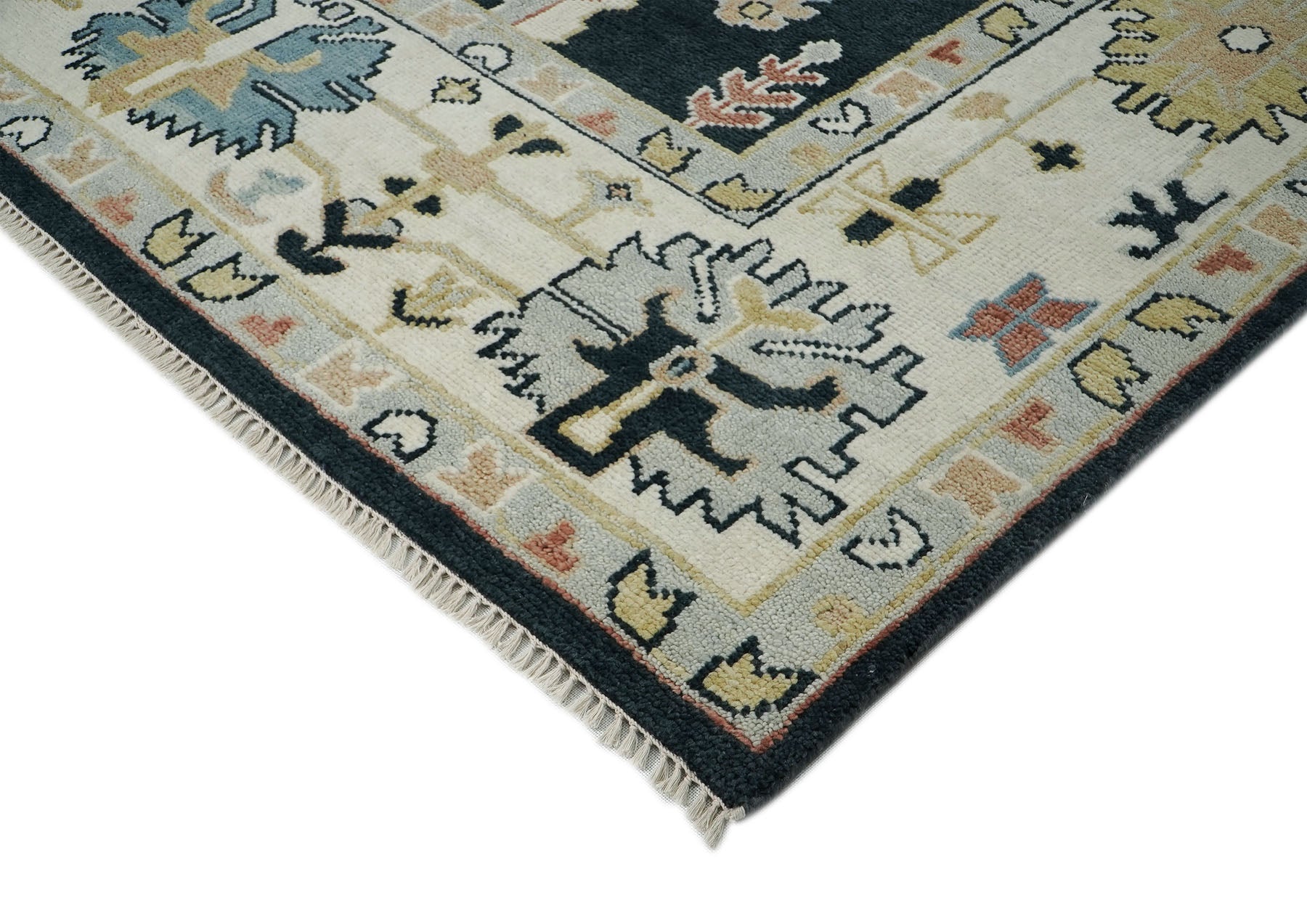 10x14 Dark Blue, Ivory, Green Color Hand Knotted Oushak Wool Arts and Crafts Oriental Rug