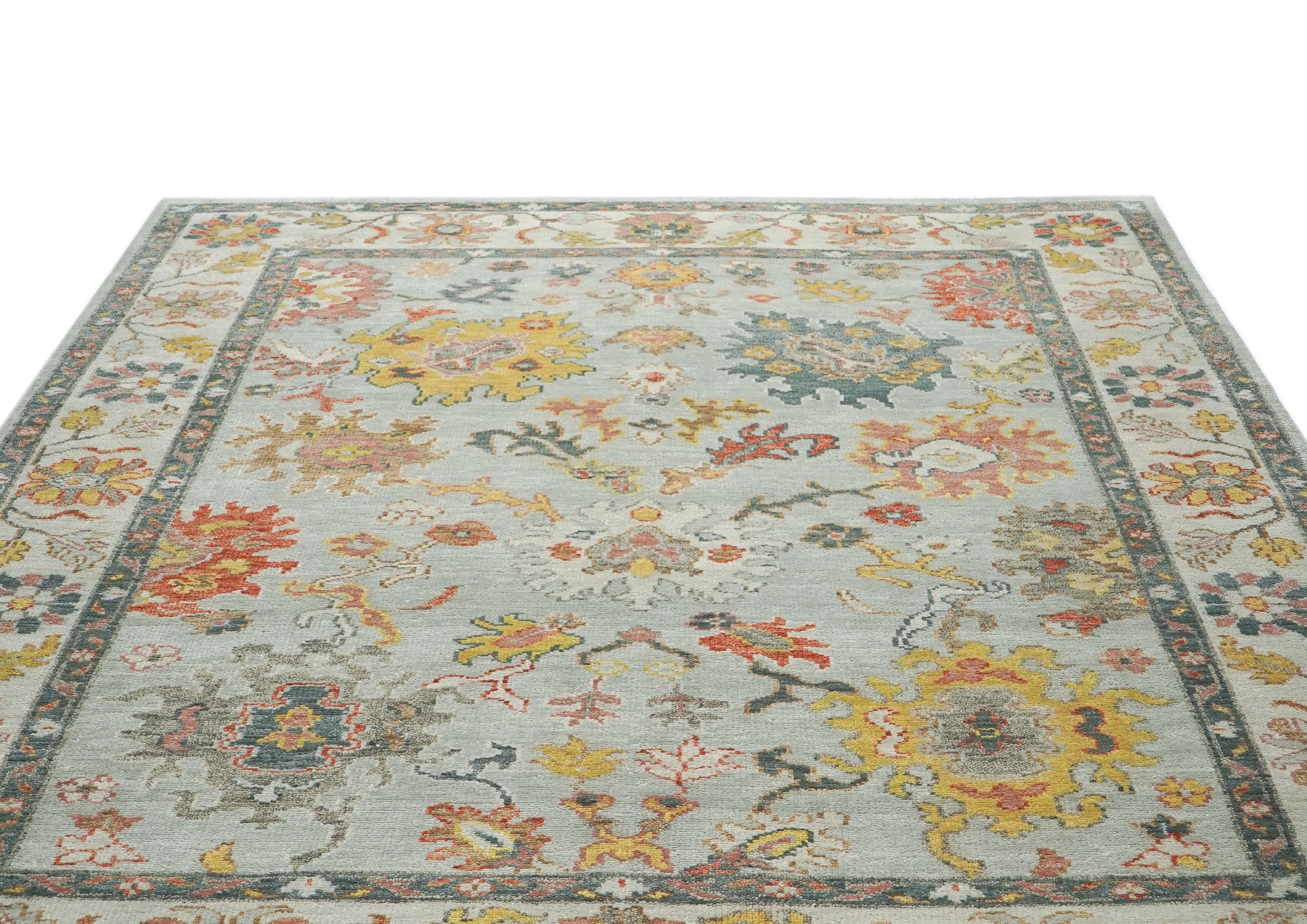 9x12 Blue, Slate, Gold Color Hand Knotted Oushak Wool Arts and Crafts Oriental Rug