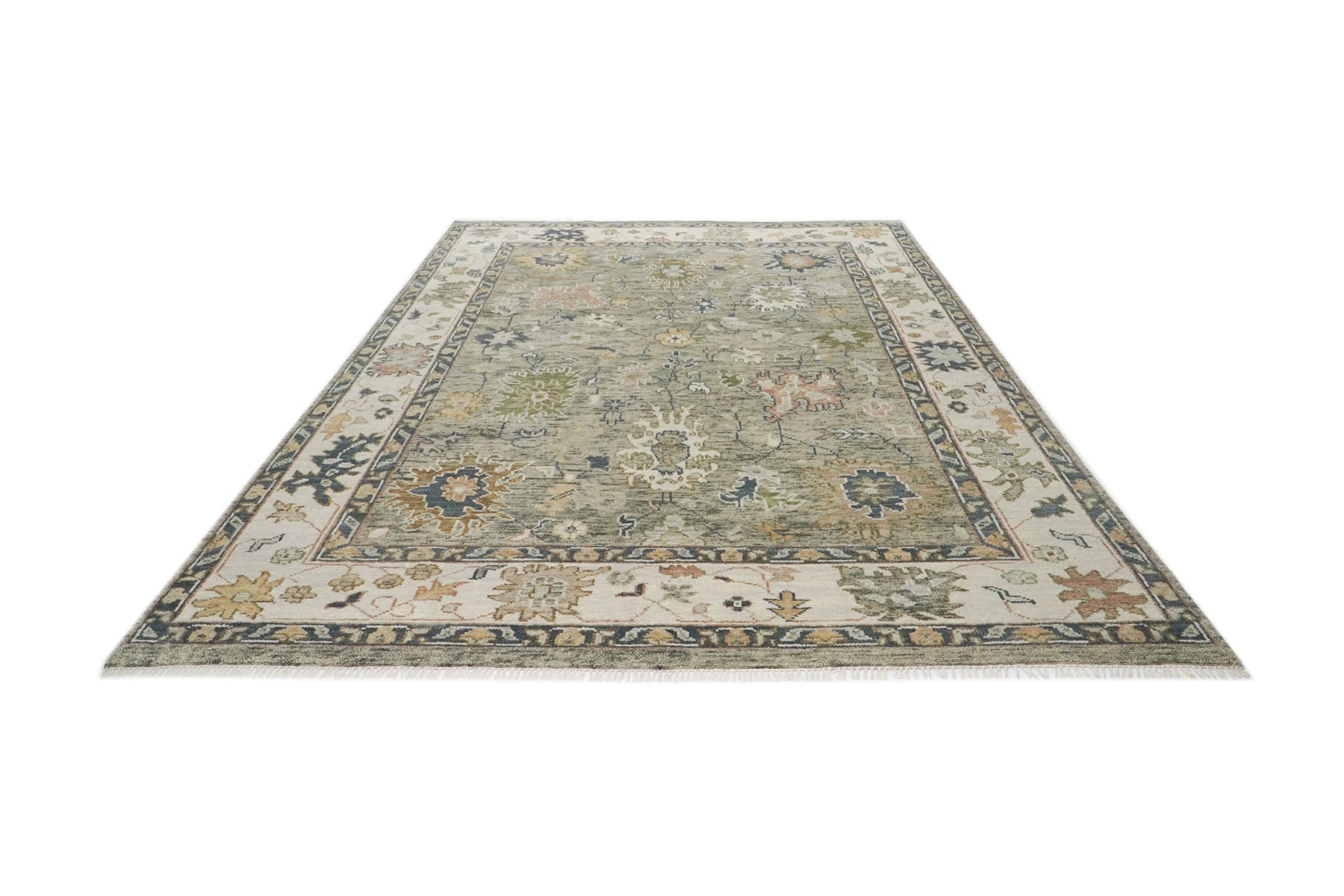 9x12 Mint, Beige, Gold Color Hand Knotted Oushak Wool Arts and Crafts Oriental Rug