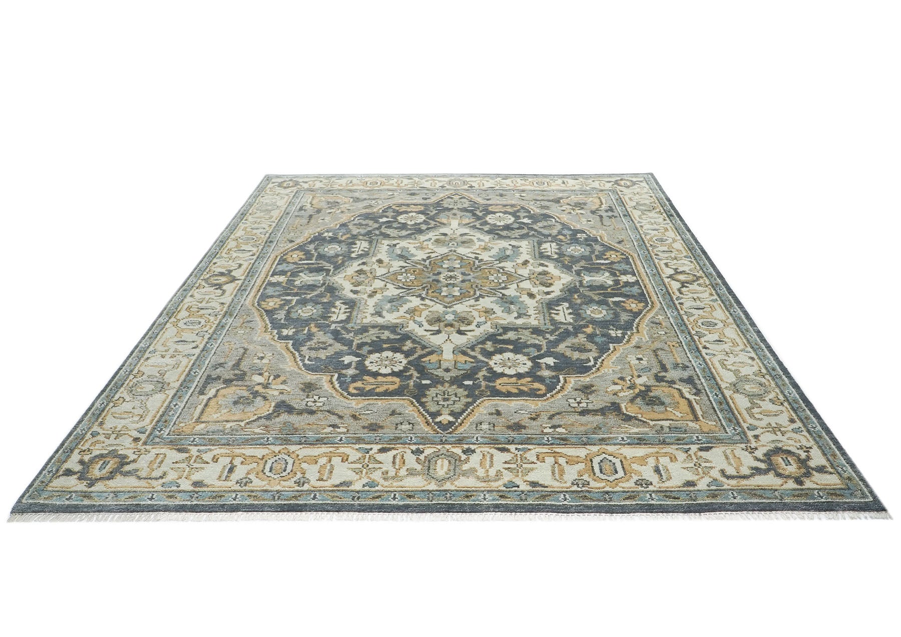 9x12 Blue, Gray, Beige Color Hand Knotted Oushak Wool  Oriental Rug