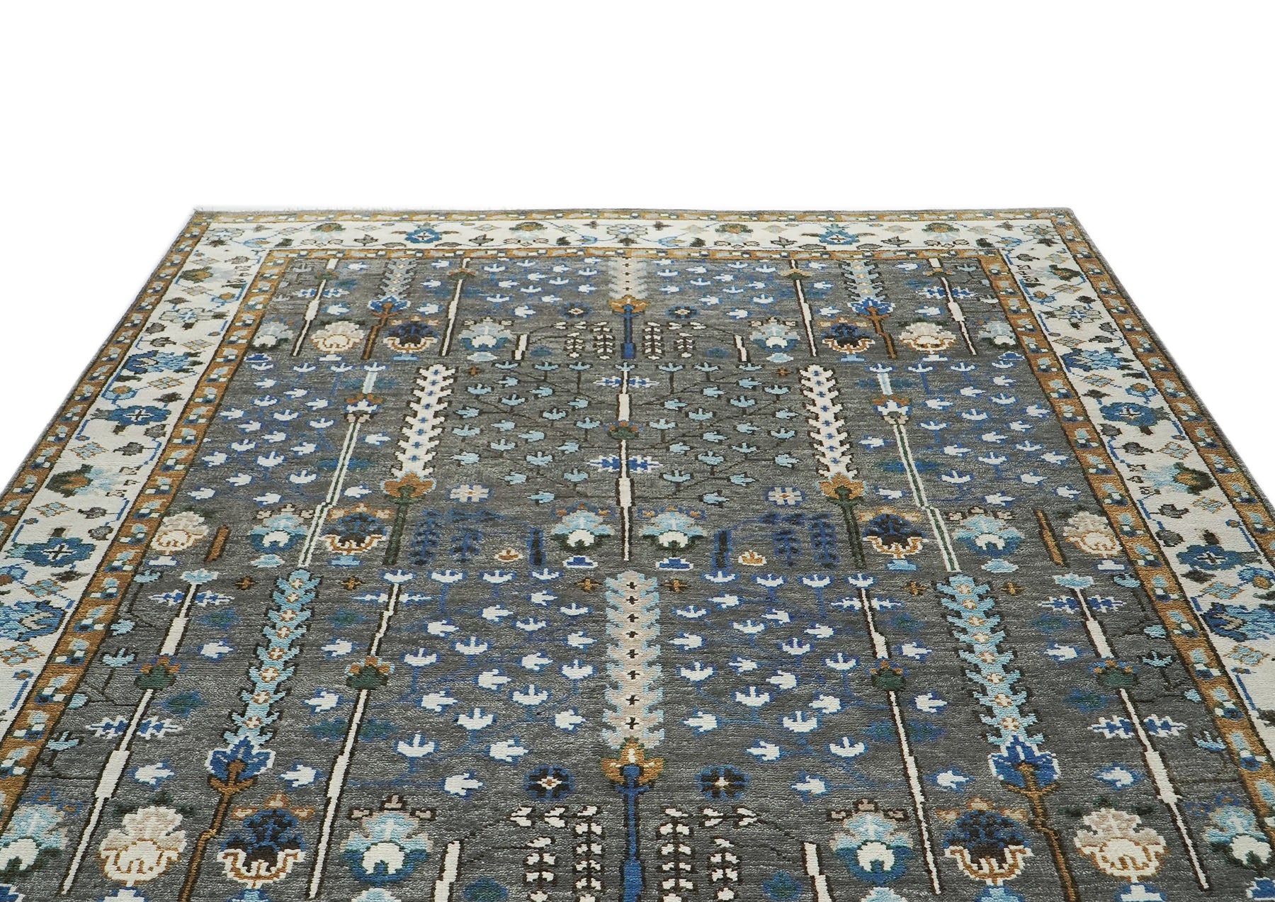 9x12 Gray, Blue, Ivory Color Hand Knotted Oushak Wool Transitional Oriental Rug