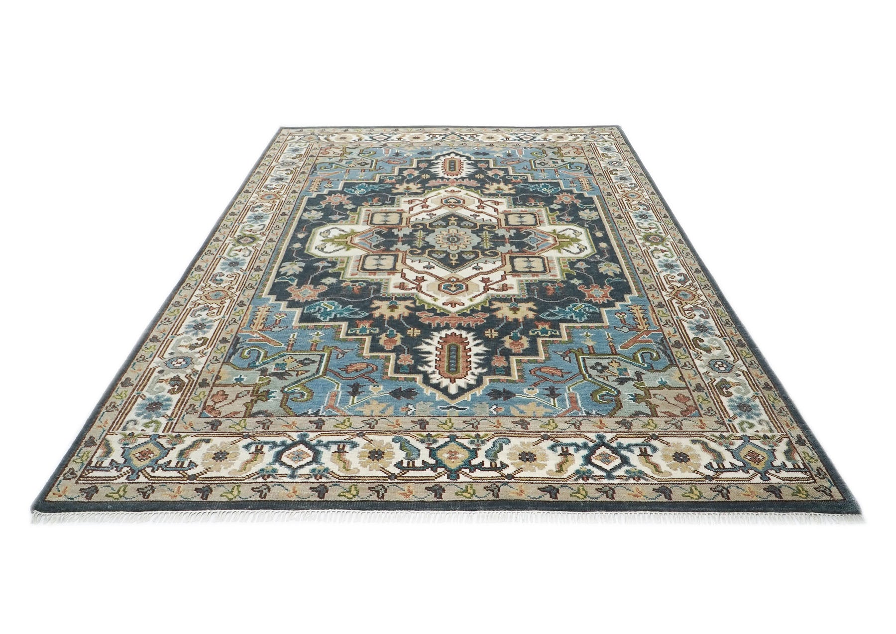 9x12 Blue, Ivory, Taupe Color Hand Knotted Oushak Wool  Oriental Rug