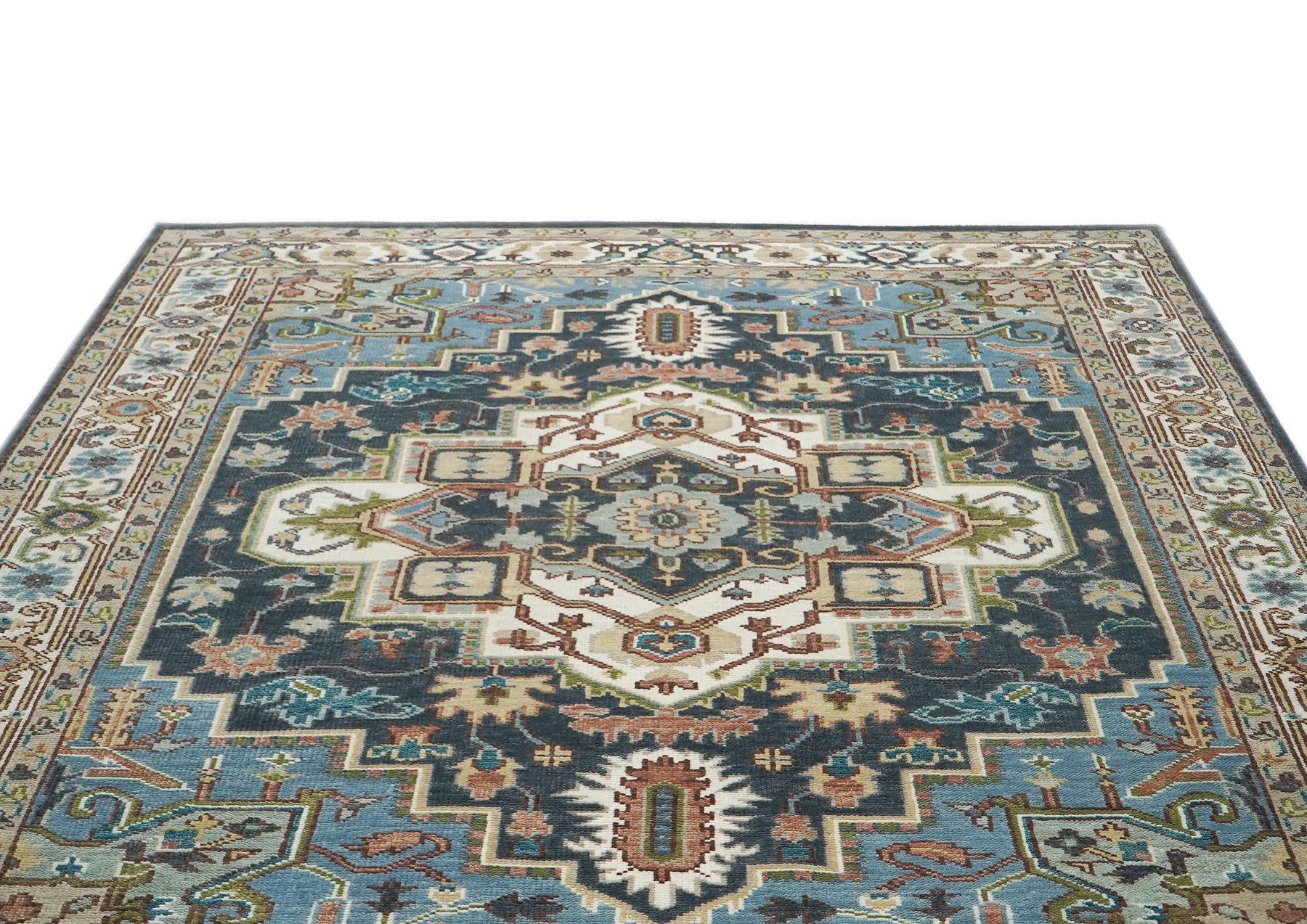 9x12 Blue, Ivory, Taupe Color Hand Knotted Oushak Wool  Oriental Rug