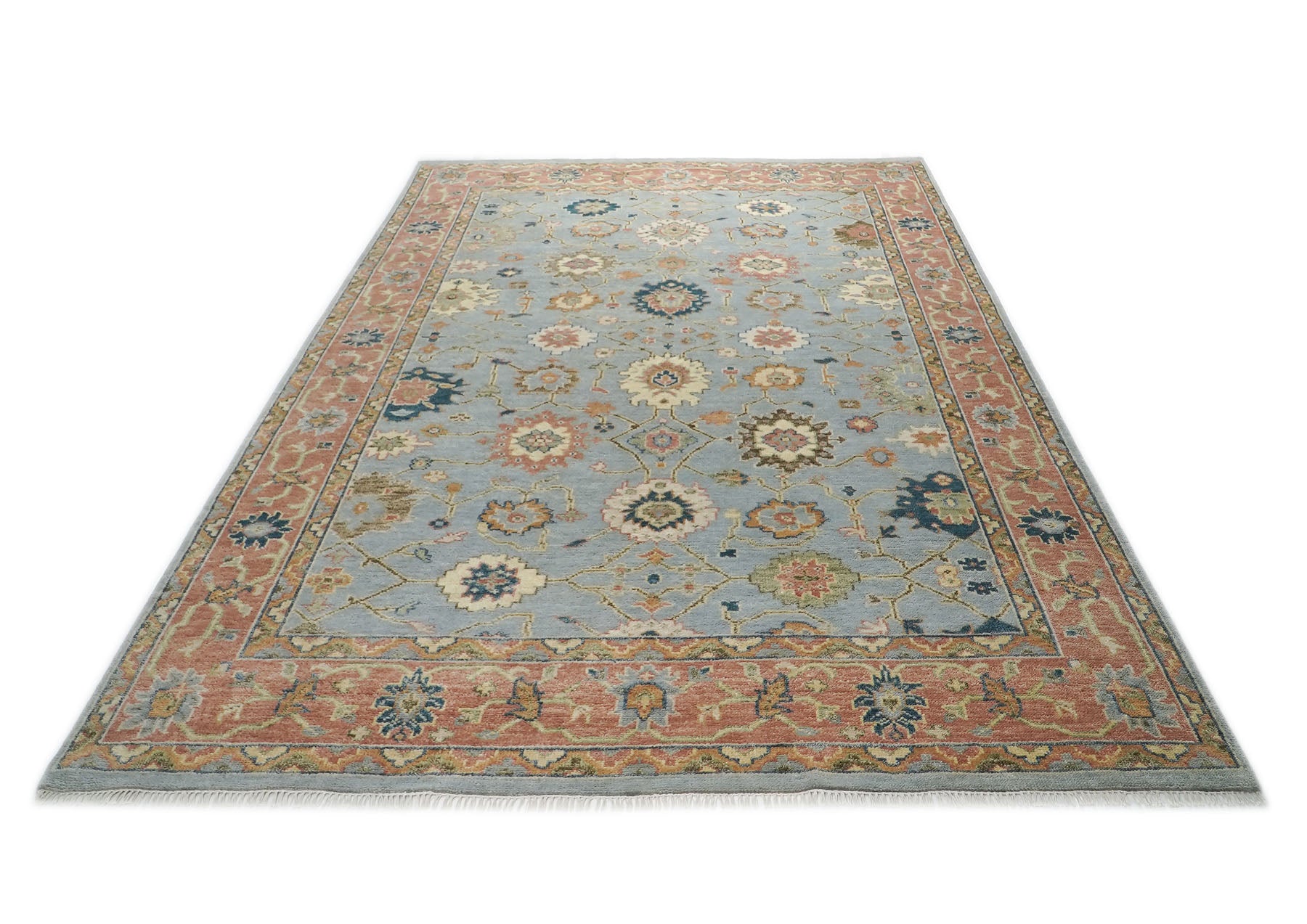 10x14 Blue, Rose, Ivory Color Hand Knotted Oushak Wool Arts and Crafts Oriental Rug