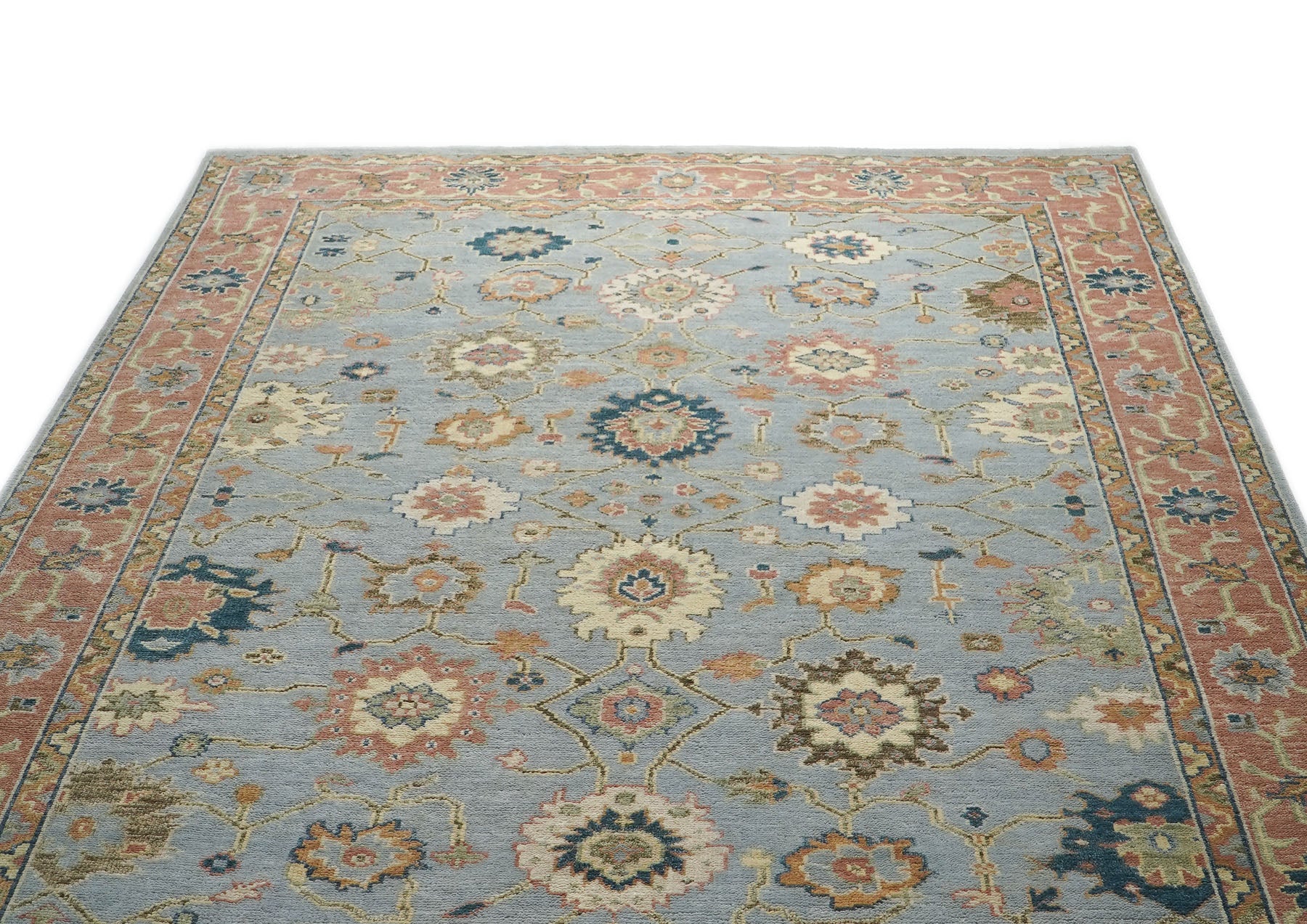 10x14 Blue, Rose, Ivory Color Hand Knotted Oushak Wool Arts and Crafts Oriental Rug