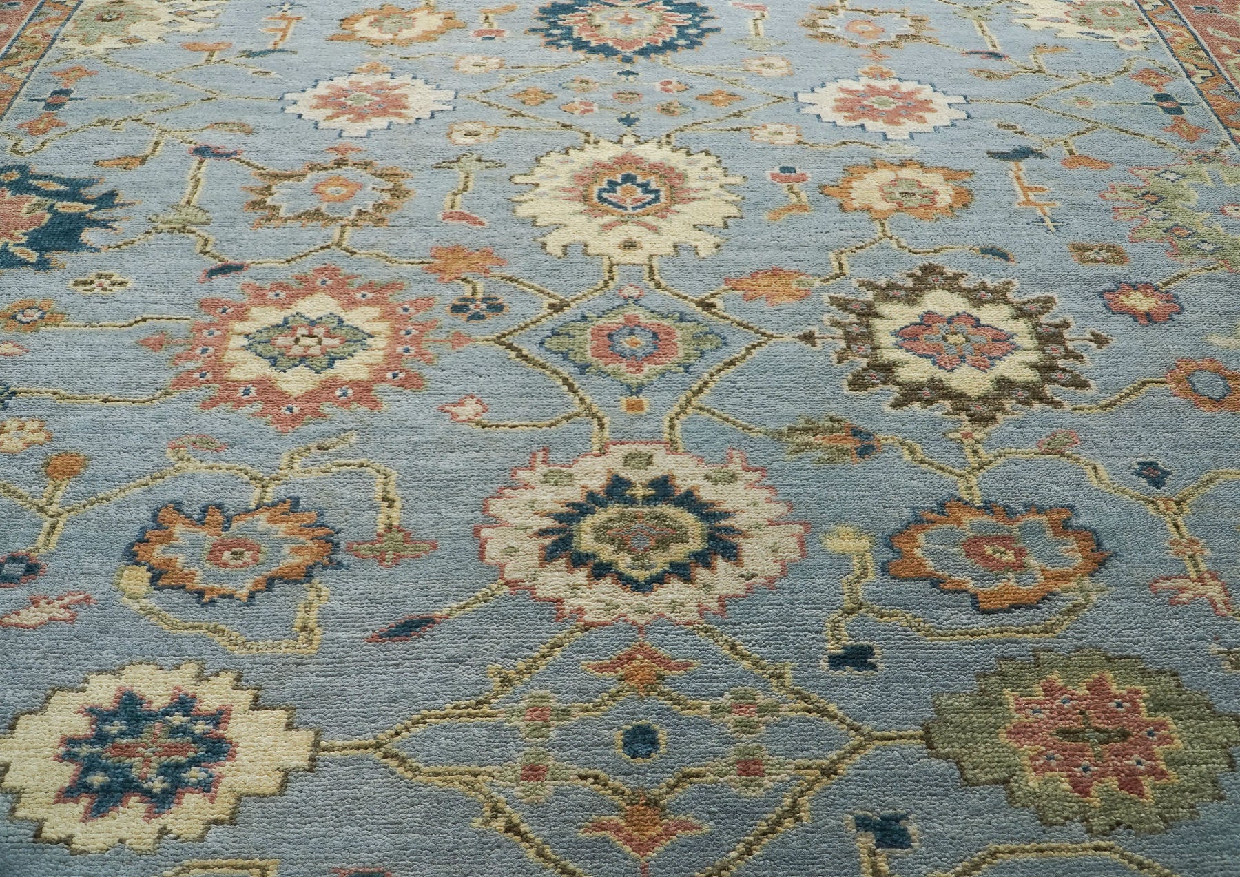 10x14 Blue, Rose, Ivory Color Hand Knotted Oushak Wool Arts and Crafts Oriental Rug