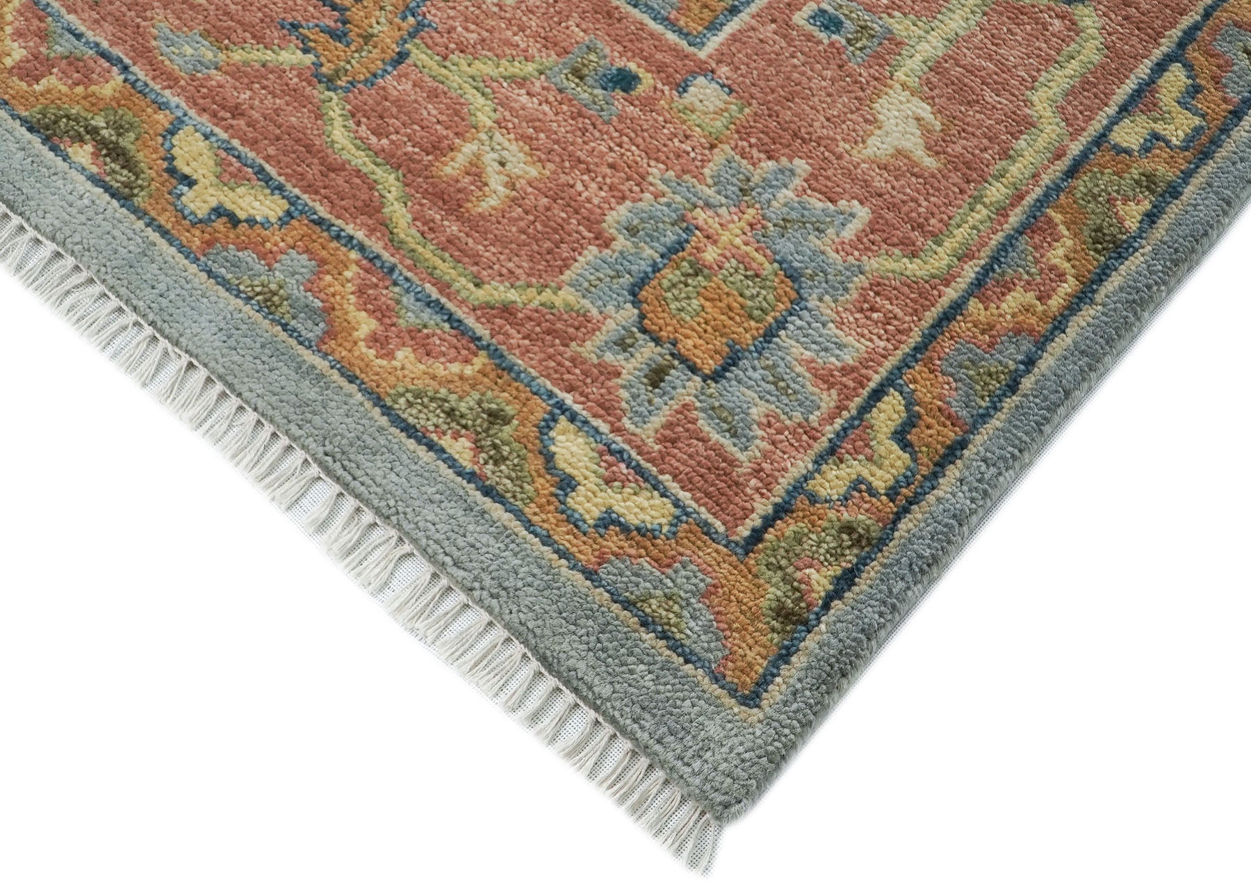 10x14 Blue, Rose, Ivory Color Hand Knotted Oushak Wool Arts and Crafts Oriental Rug