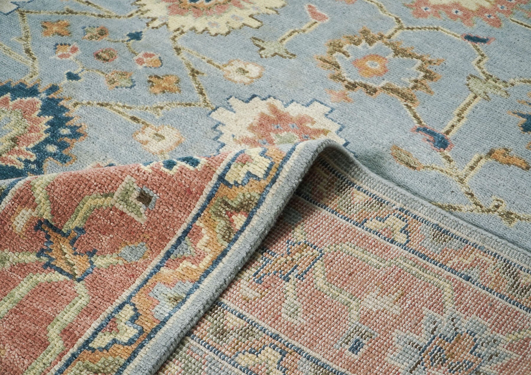 10x14 Blue, Rose, Ivory Color Hand Knotted Oushak Wool Arts and Crafts Oriental Rug