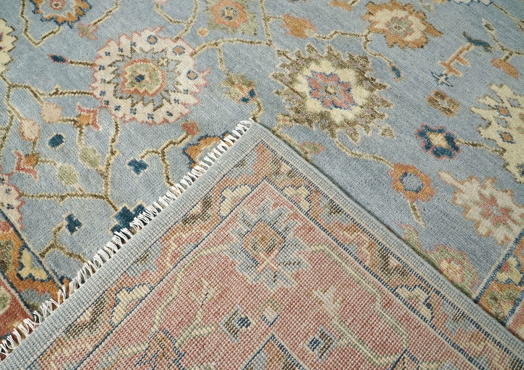 10x14 Blue, Rose, Ivory Color Hand Knotted Oushak Wool Arts and Crafts Oriental Rug