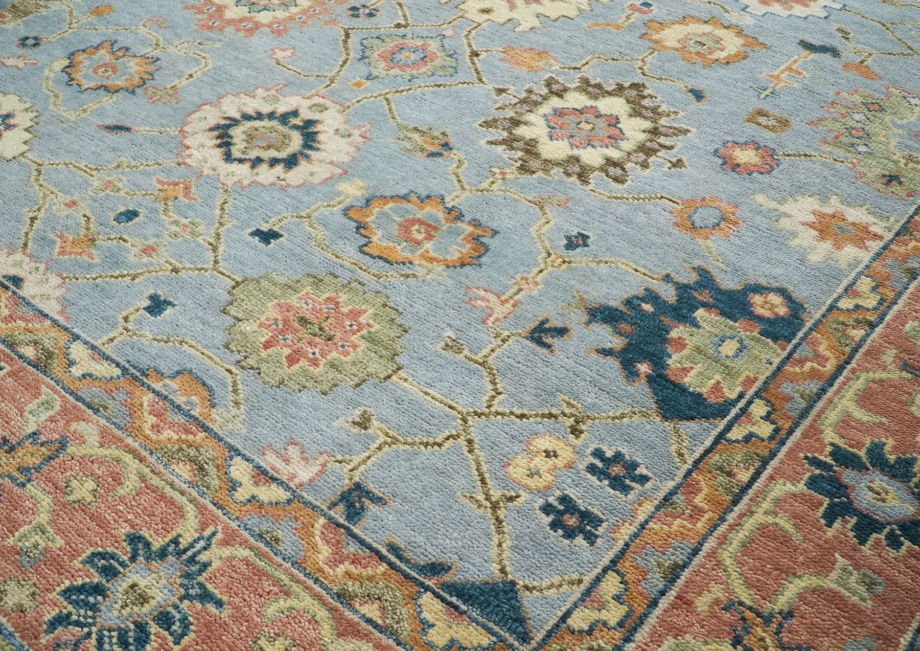 10x14 Blue, Rose, Ivory Color Hand Knotted Oushak Wool Arts and Crafts Oriental Rug