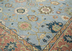 10x14 Blue, Rose, Ivory Color Hand Knotted Oushak Wool Arts and Crafts Oriental Rug