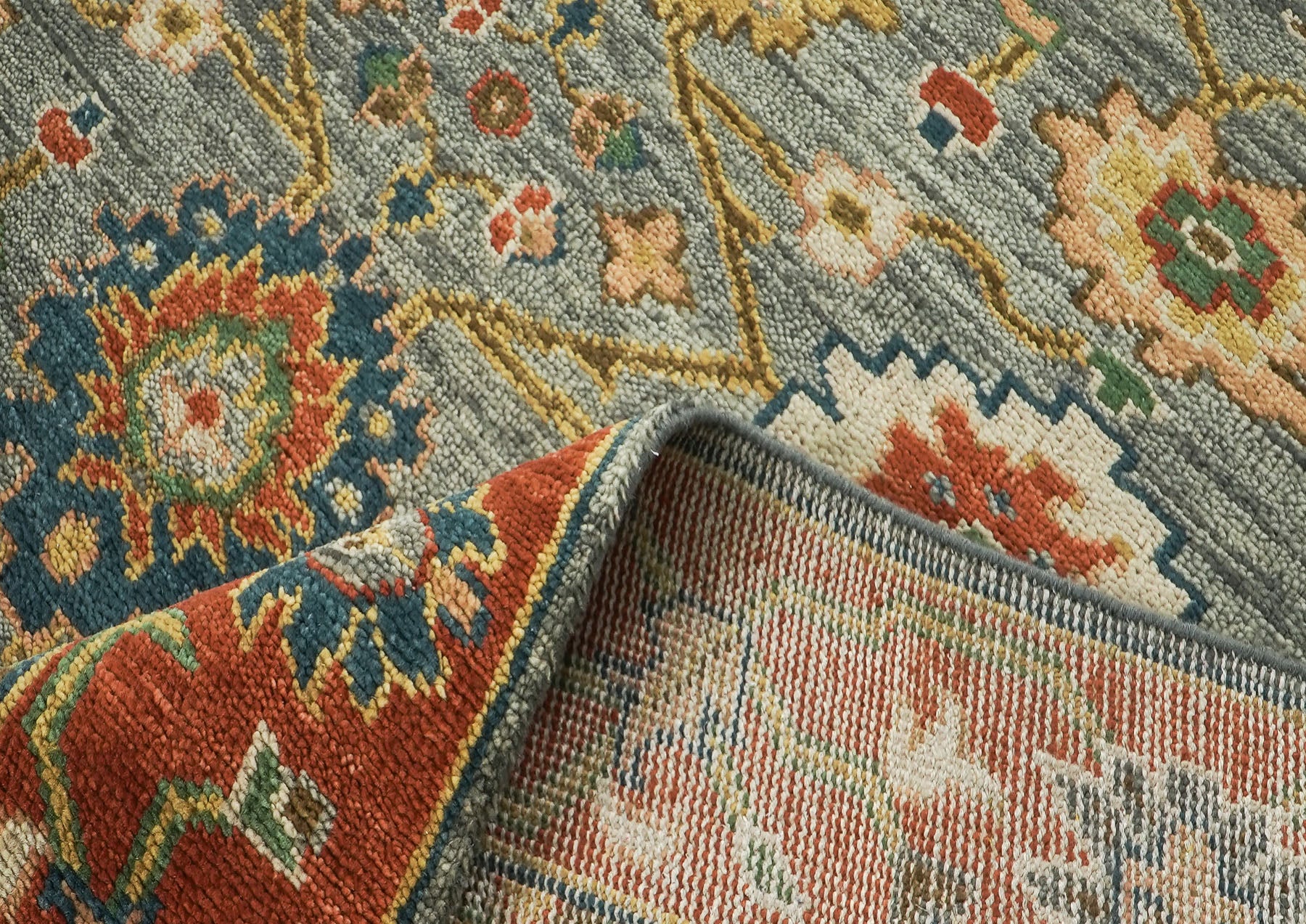 9x12 Blue, Gray, Burnt Orange Color Hand Knotted Oushak Wool Arts and Crafts Oriental Rug