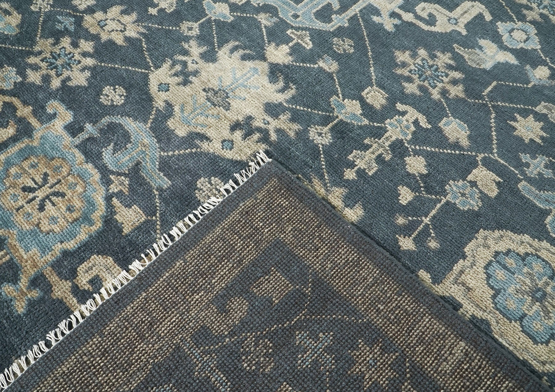 9x12 Blue, Beige, Gray Color Hand Knotted Oushak Wool Transitional Oriental Rug