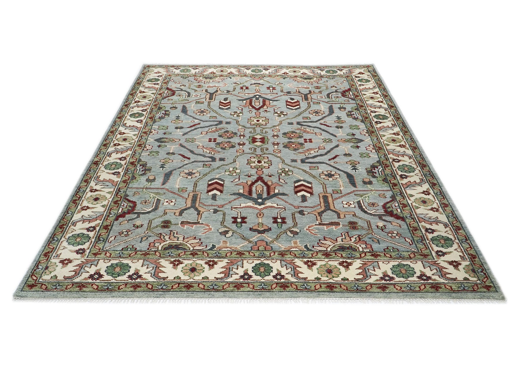 9x12 Blue, Ivory, Sage Color Hand Knotted Oushak Wool Transitional Oriental Rug