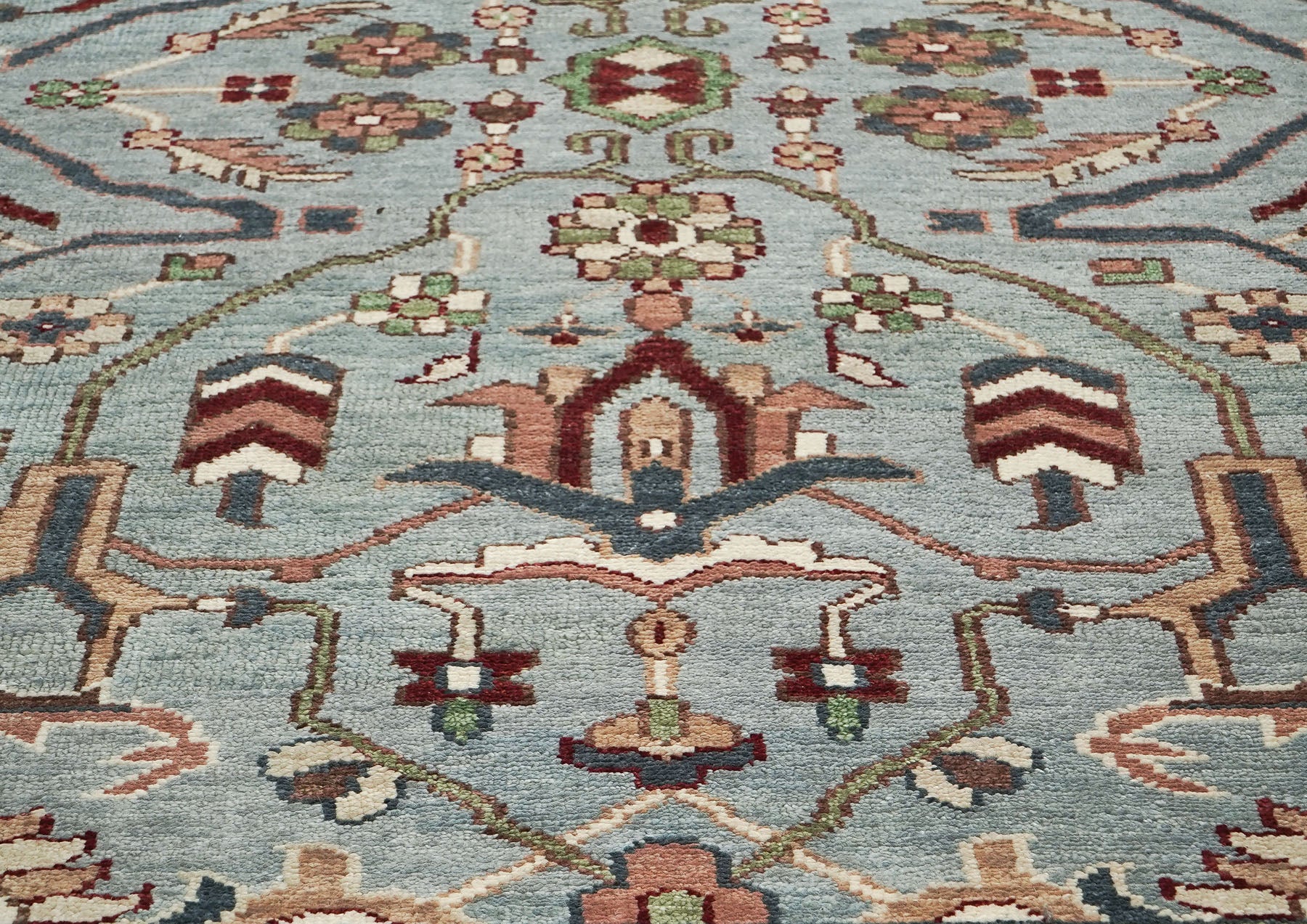 9x12 Blue, Ivory, Sage Color Hand Knotted Oushak Wool Transitional Oriental Rug