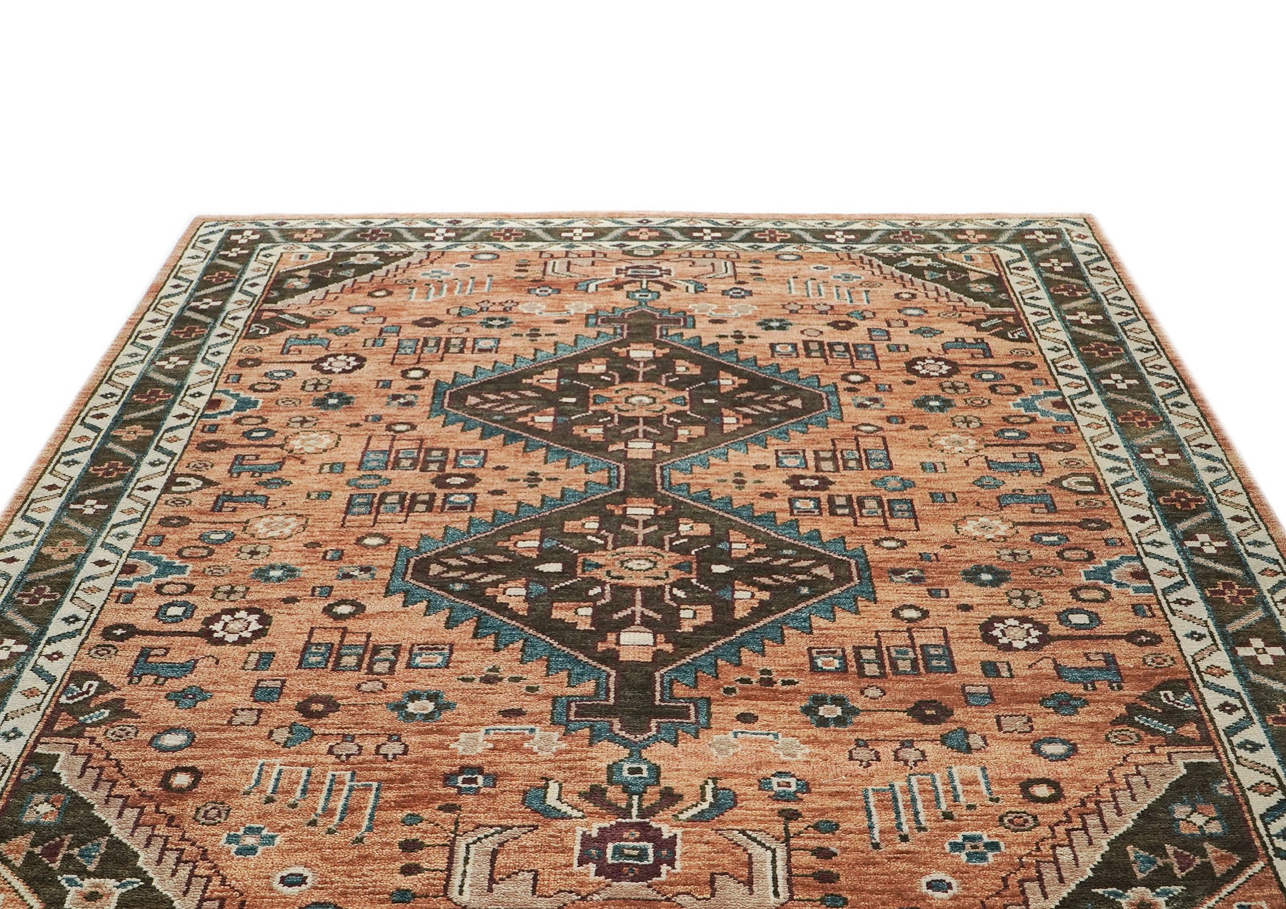 9x12 Peach, Green, Brown Color Hand Knotted Oushak Wool Southwestern Oriental Rug