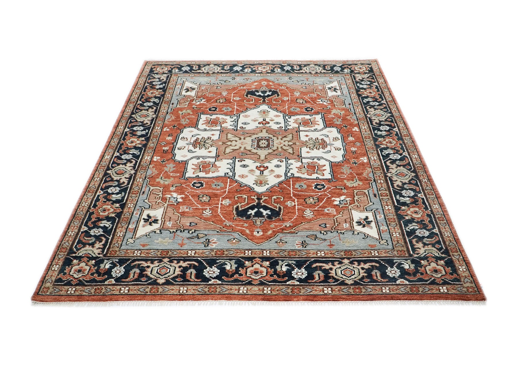 9x12 Burnt Orange, Blue, Ivory Color Hand Knotted Oushak Wool  Oriental Rug