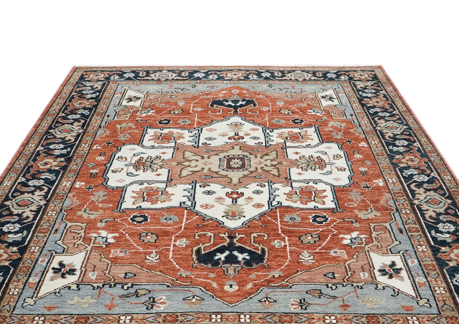 9x12 Burnt Orange, Blue, Ivory Color Hand Knotted Oushak Wool  Oriental Rug