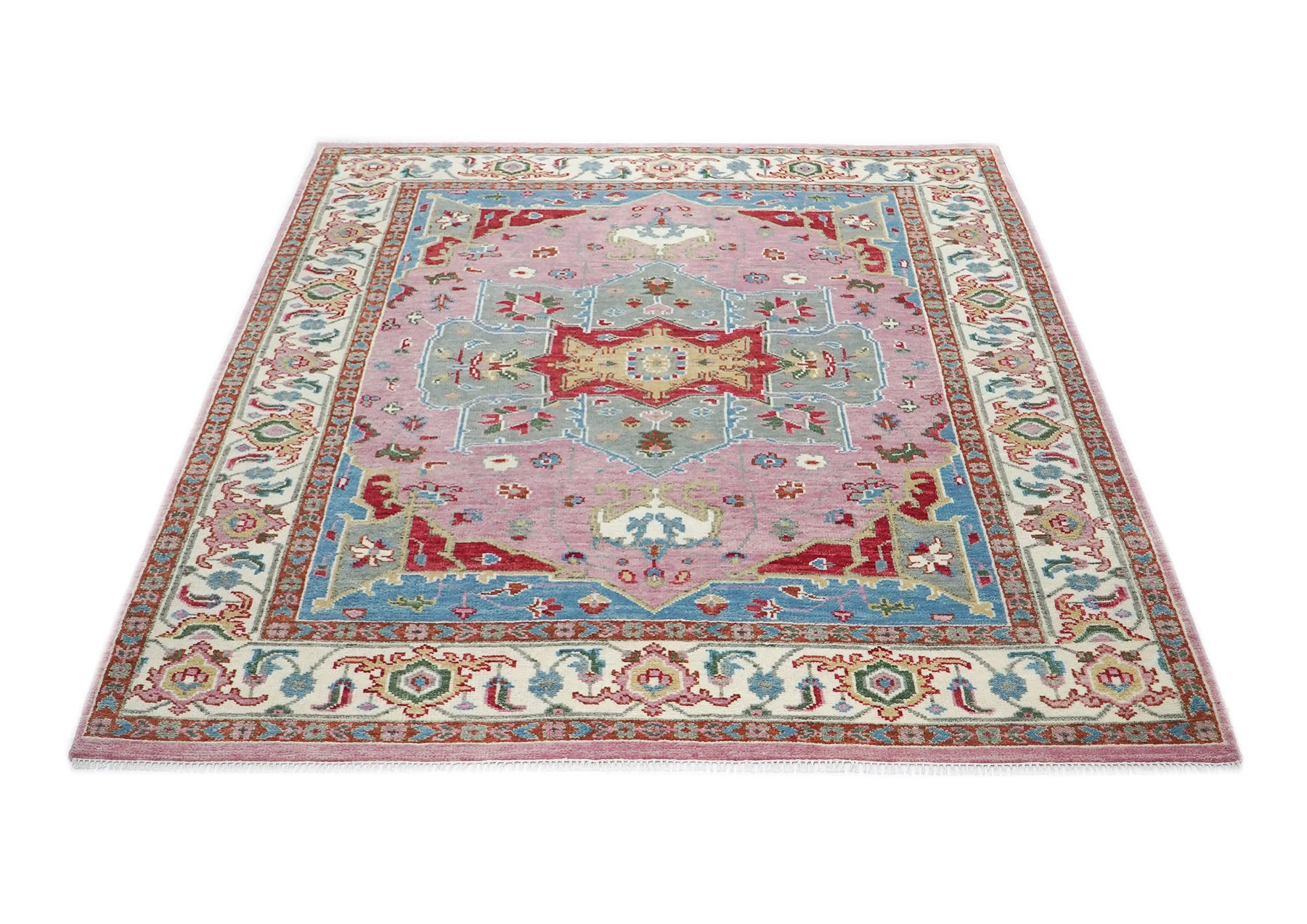 9x12 Pink, Celadon, Blue Color Hand Knotted Oushak Wool  Oriental Rug