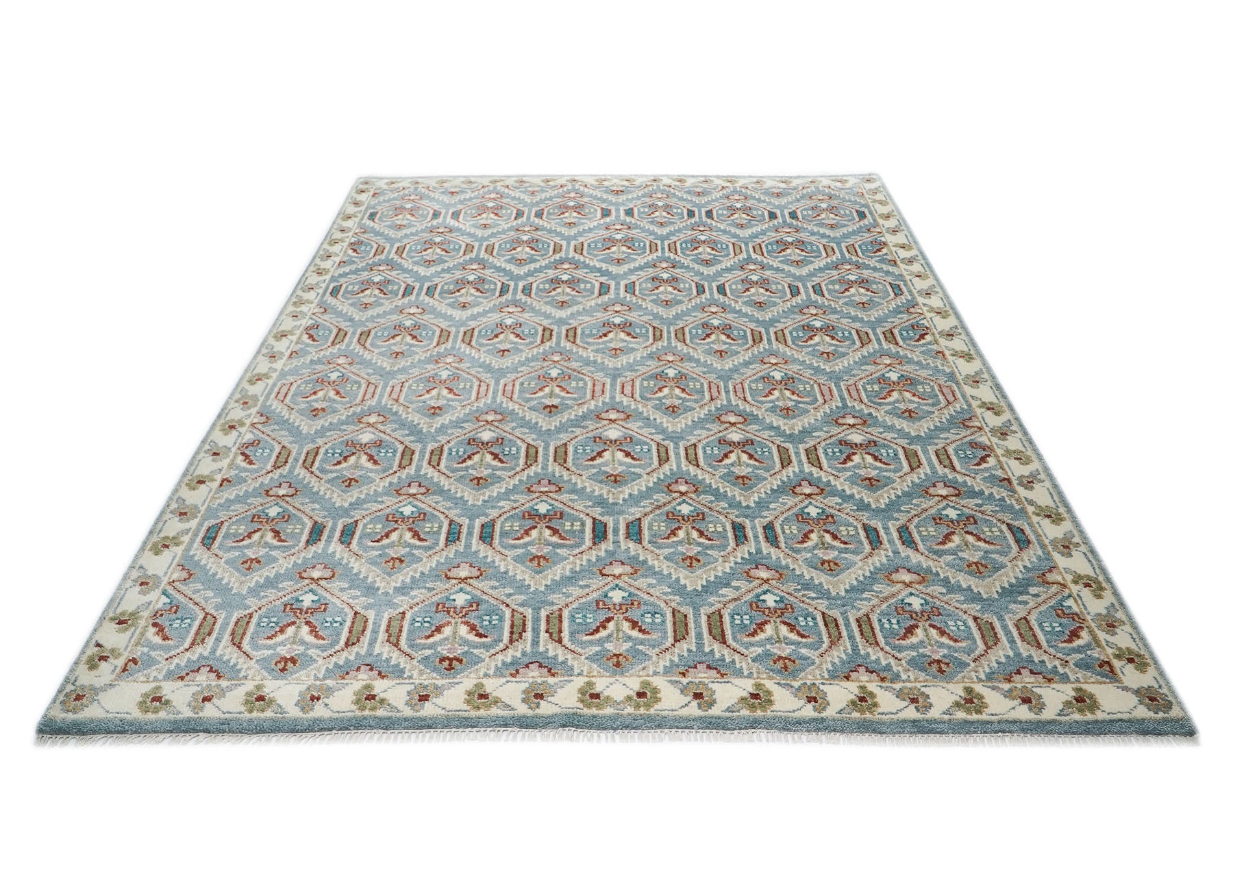9x12 Blue, Beige, Rust Color Hand Knotted Oushak Wool Transitional Oriental Rug