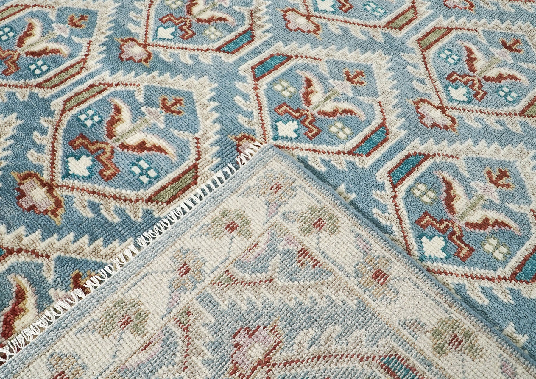 9x12 Blue, Beige, Rust Color Hand Knotted Oushak Wool Transitional Oriental Rug