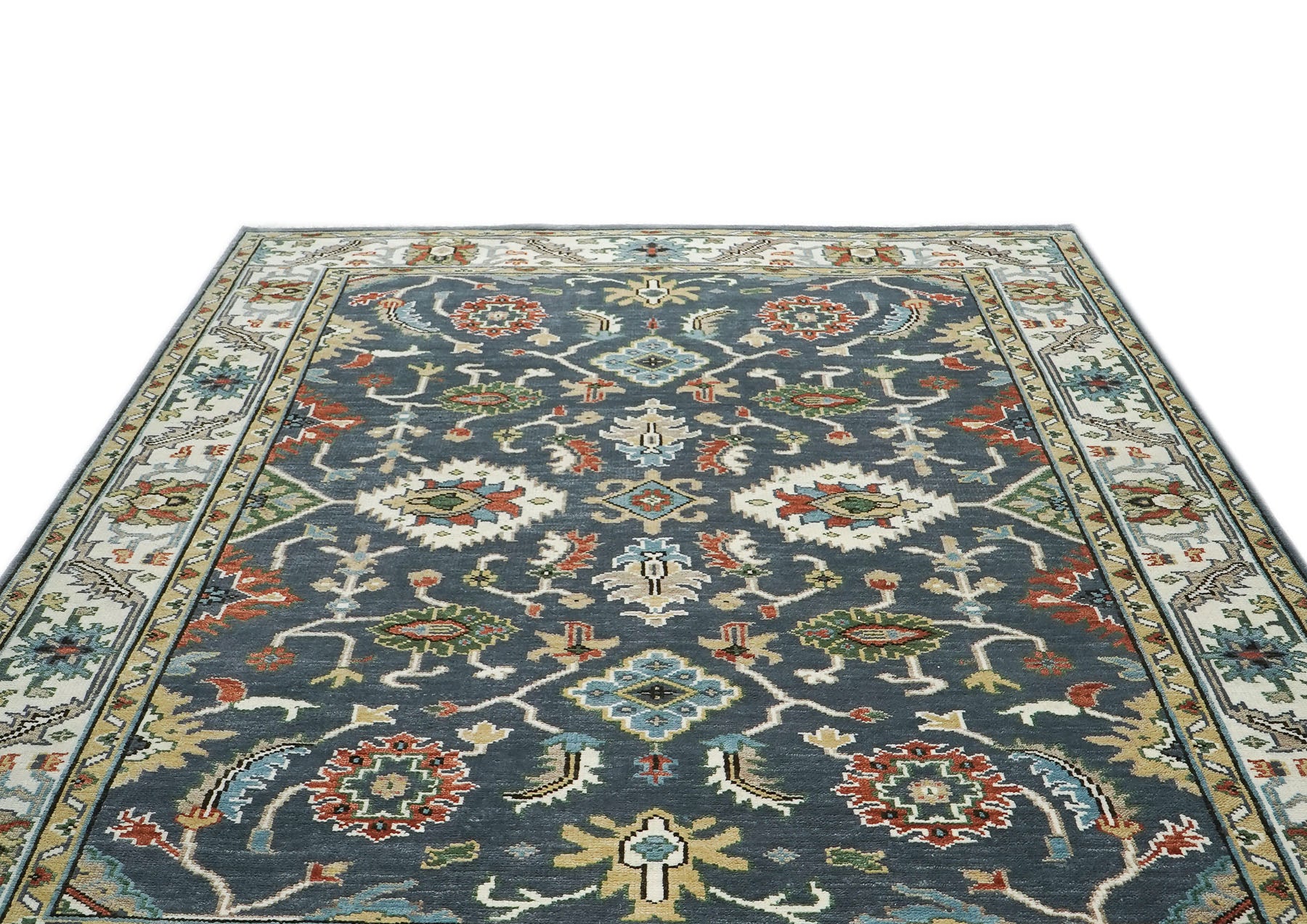9x12 Blue, Ivory, Green Color Hand Knotted Oushak Wool Arts and Crafts Oriental Rug