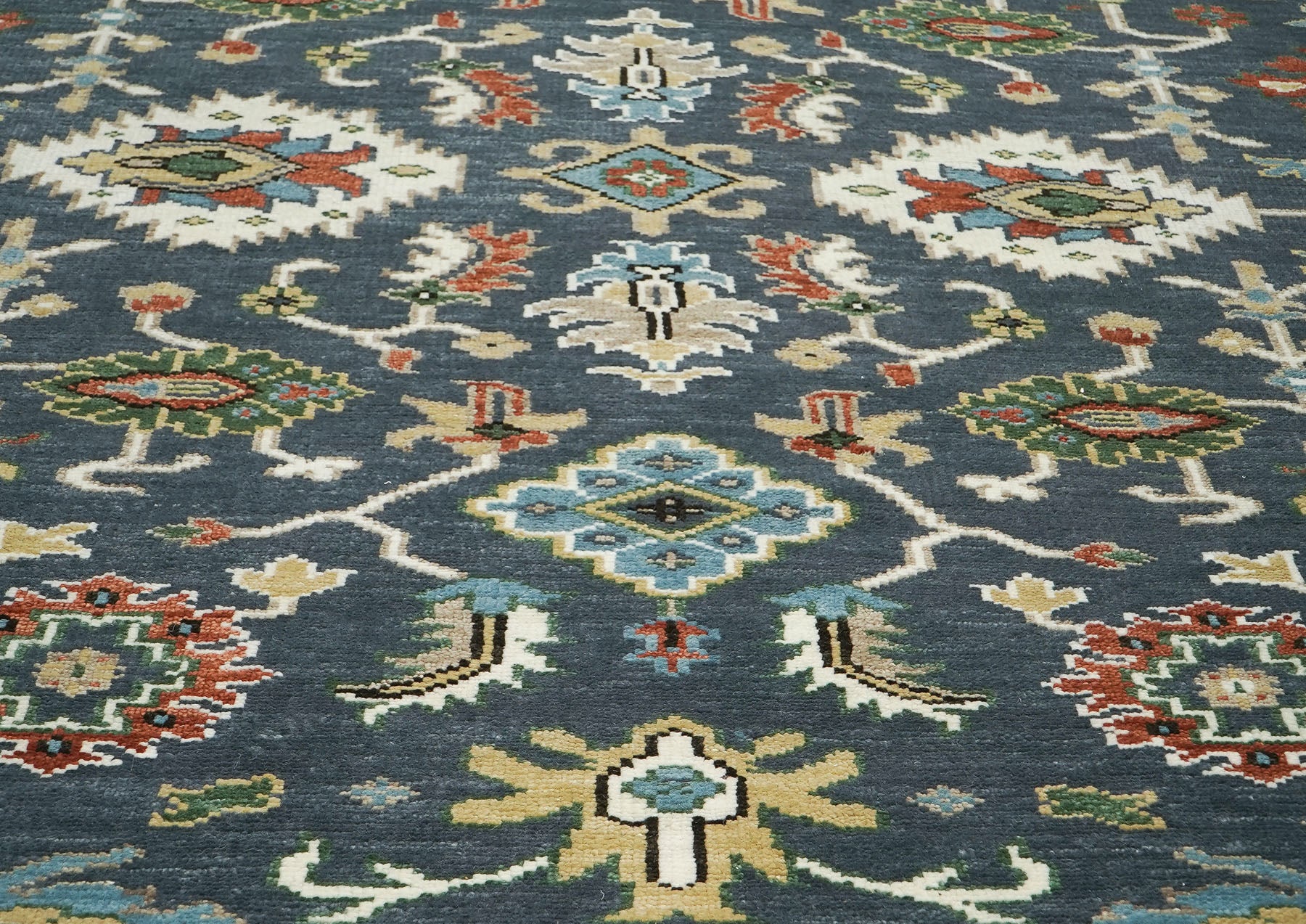 9x12 Blue, Ivory, Green Color Hand Knotted Oushak Wool Arts and Crafts Oriental Rug