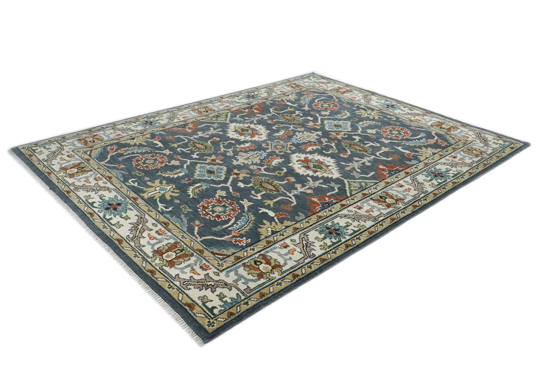 9x12 Blue, Ivory, Green Color Hand Knotted Oushak Wool Arts and Crafts Oriental Rug