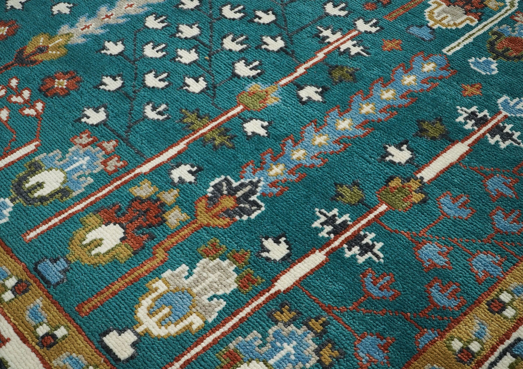10x14 Teal, Ivory, Gold Color Hand Knotted Oushak Wool Transitional Oriental Rug