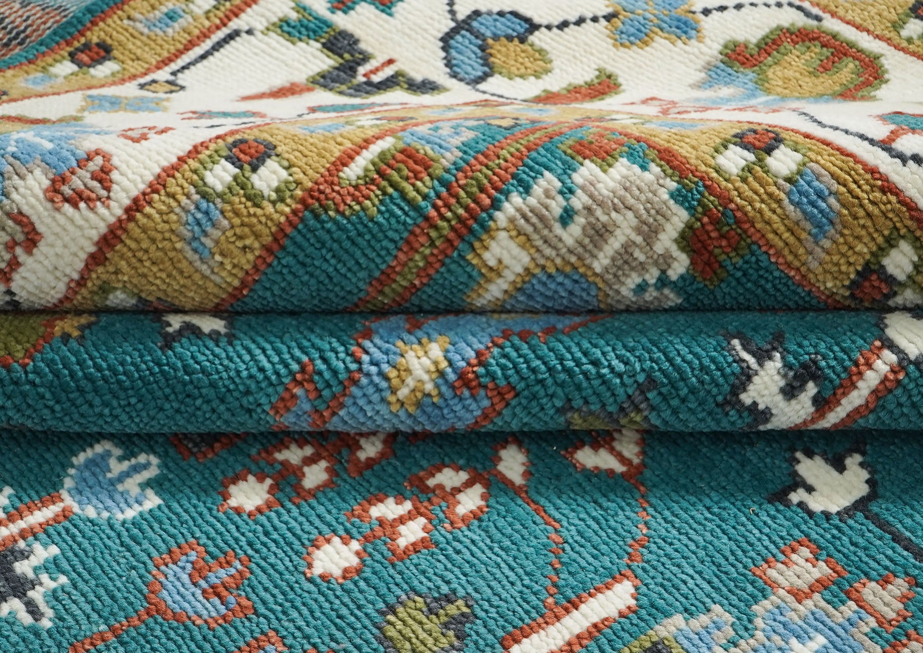 10x14 Teal, Ivory, Gold Color Hand Knotted Oushak Wool Transitional Oriental Rug