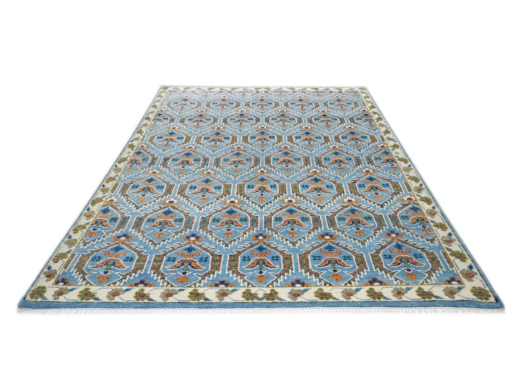 8x10 Blue, Green, Burnt Orange Go Color Hand Knotted Oushak Wool Transitional Oriental Rug