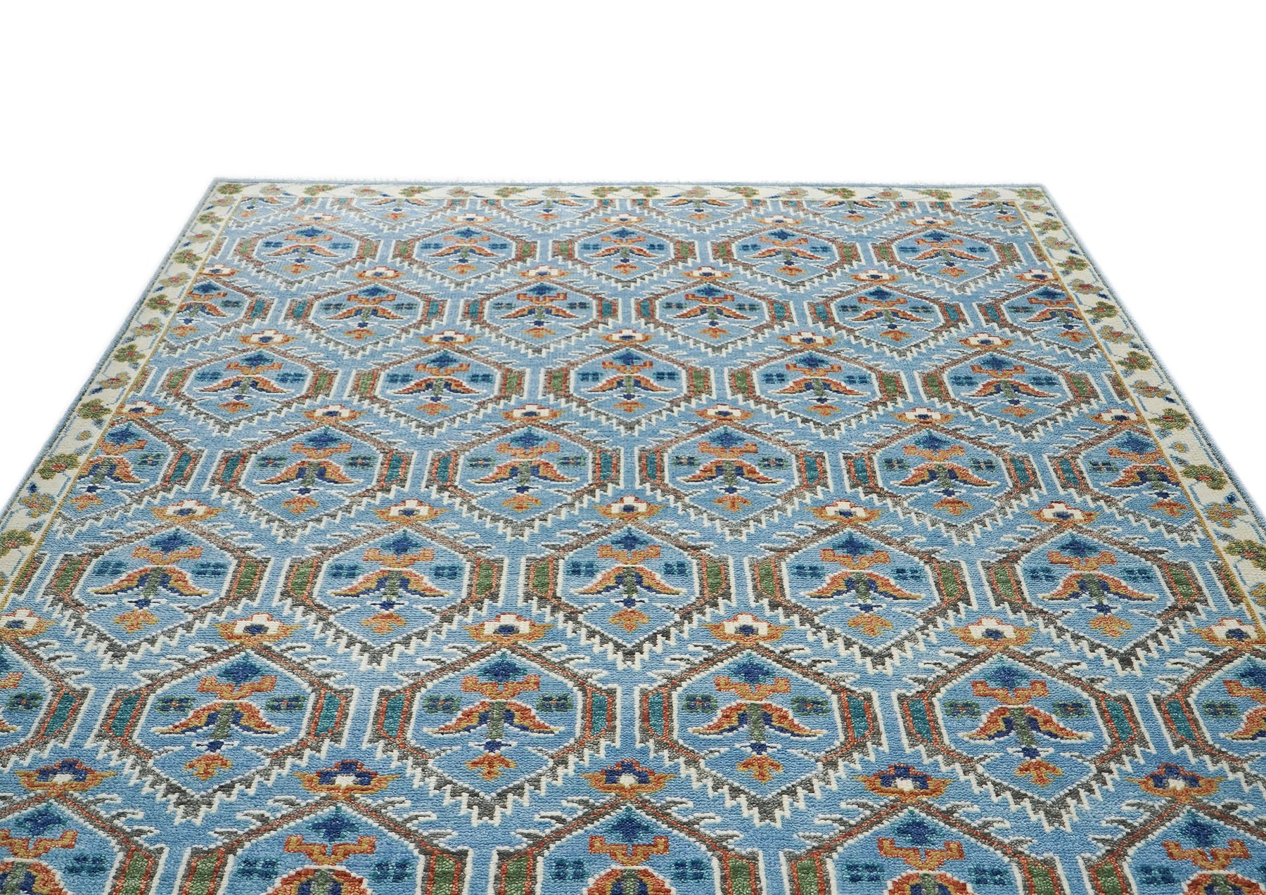 8x10 Blue, Green, Burnt Orange Go Color Hand Knotted Oushak Wool Transitional Oriental Rug