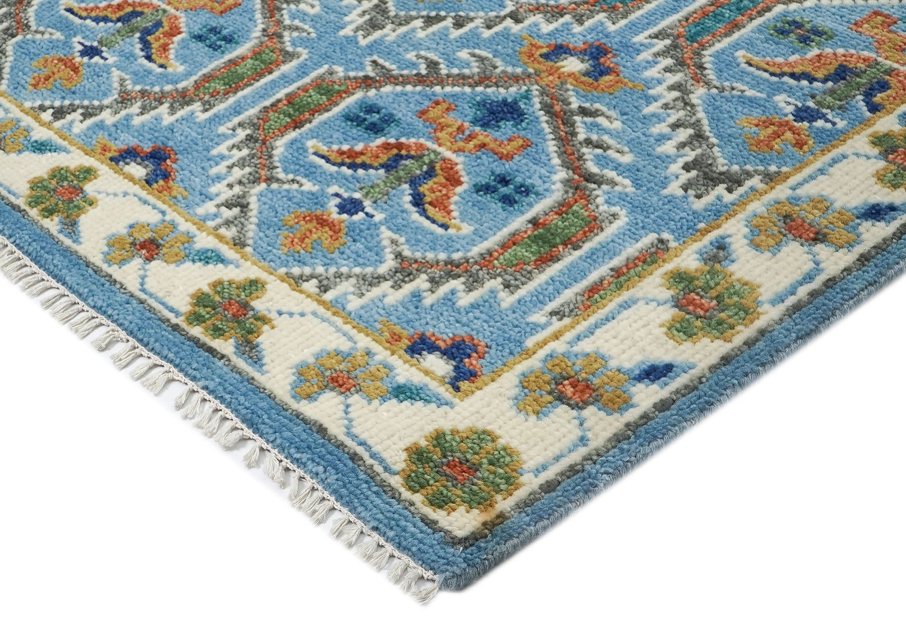 8x10 Blue, Green, Burnt Orange Go Color Hand Knotted Oushak Wool Transitional Oriental Rug