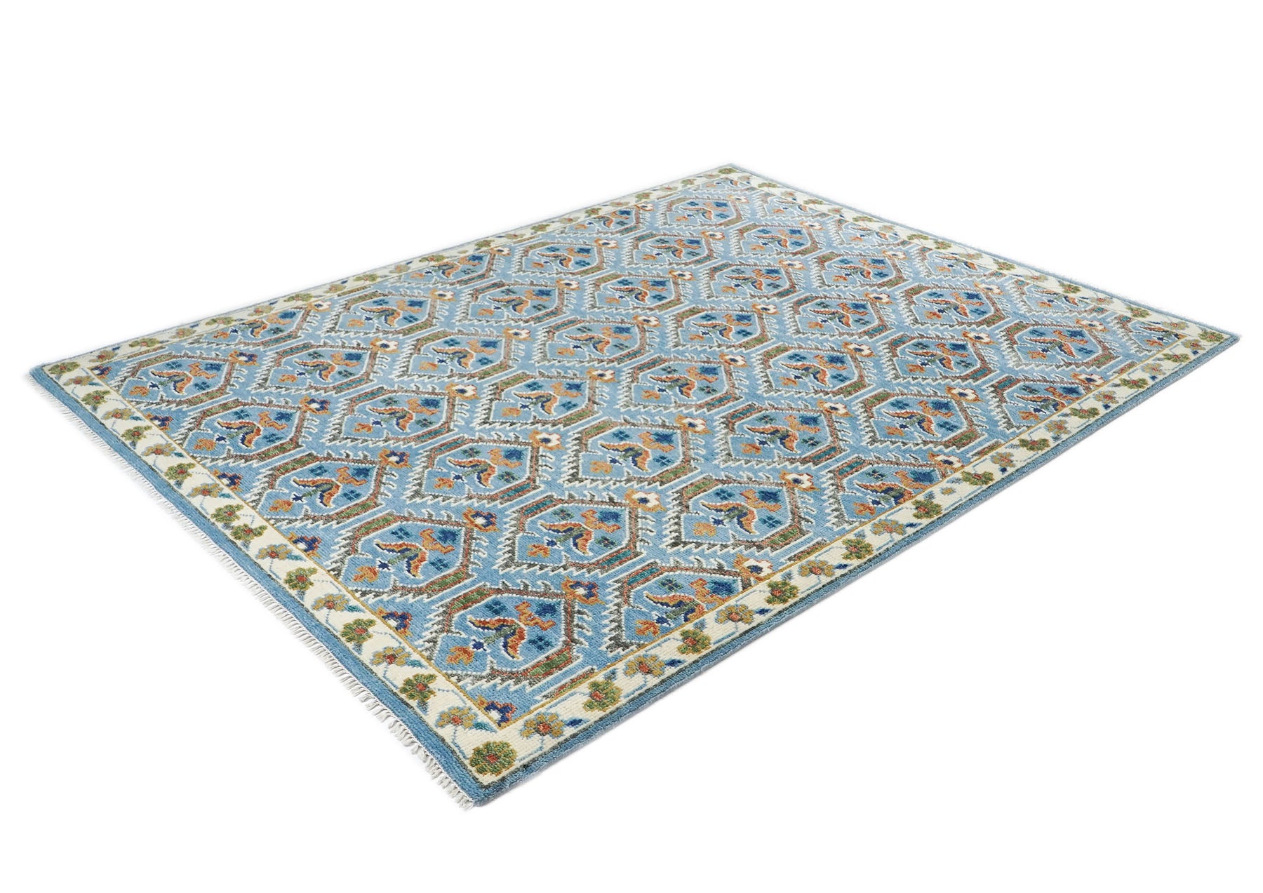 8x10 Blue, Green, Burnt Orange Go Color Hand Knotted Oushak Wool Transitional Oriental Rug