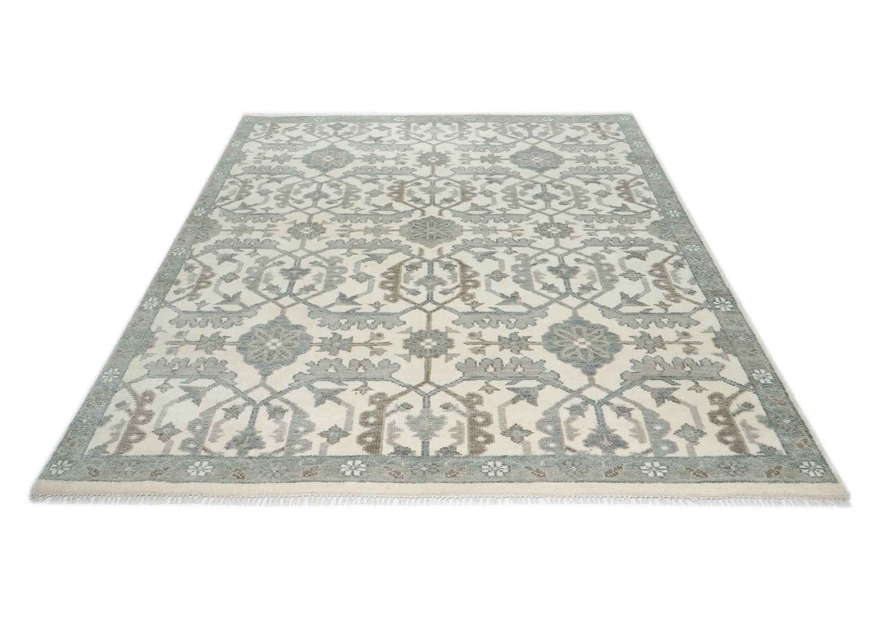 8x10 Ivory, Gray, Beige Color Hand Knotted Oushak Wool Transitional Oriental Rug