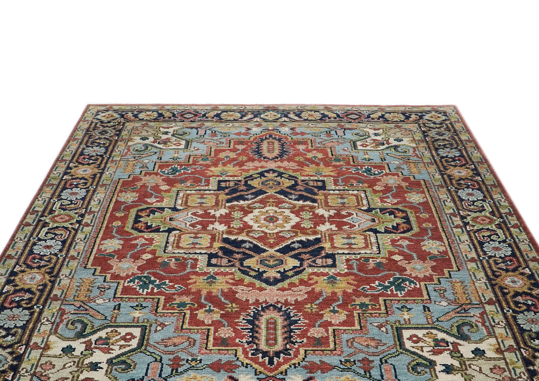 8x10 Rust, Navy, Aqua Color Hand Knotted Heriz Wool Traditional Oriental Rug