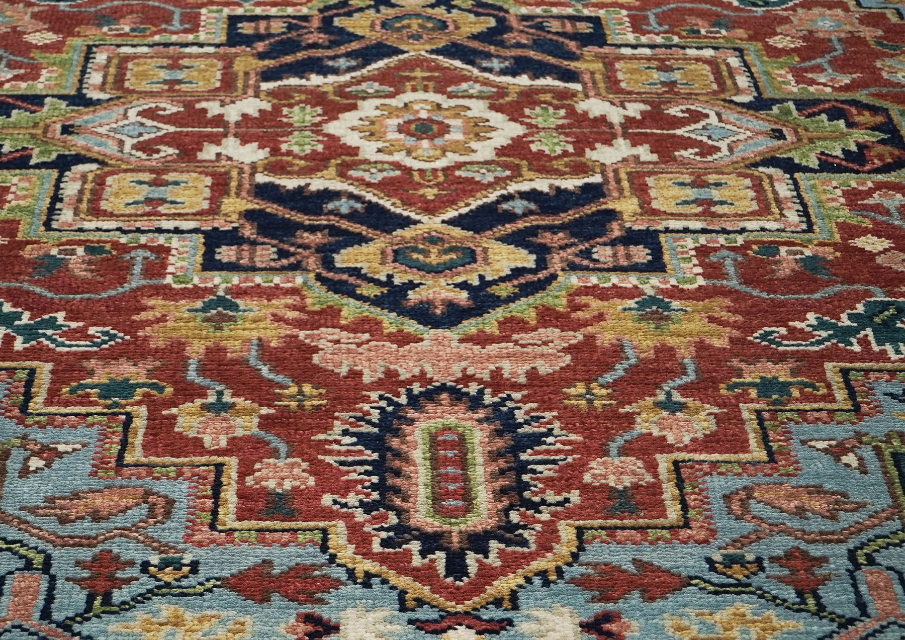 8x10 Rust, Navy, Aqua Color Hand Knotted Heriz Wool Traditional Oriental Rug