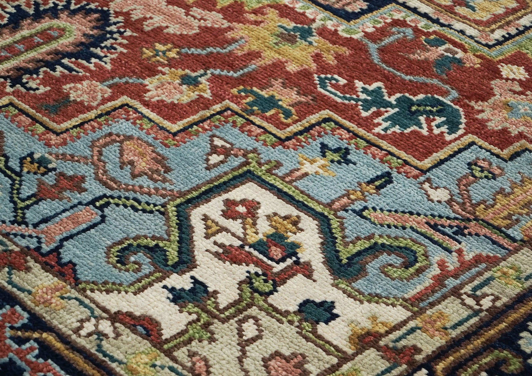 8x10 Rust, Navy, Aqua Color Hand Knotted Heriz Wool Traditional Oriental Rug