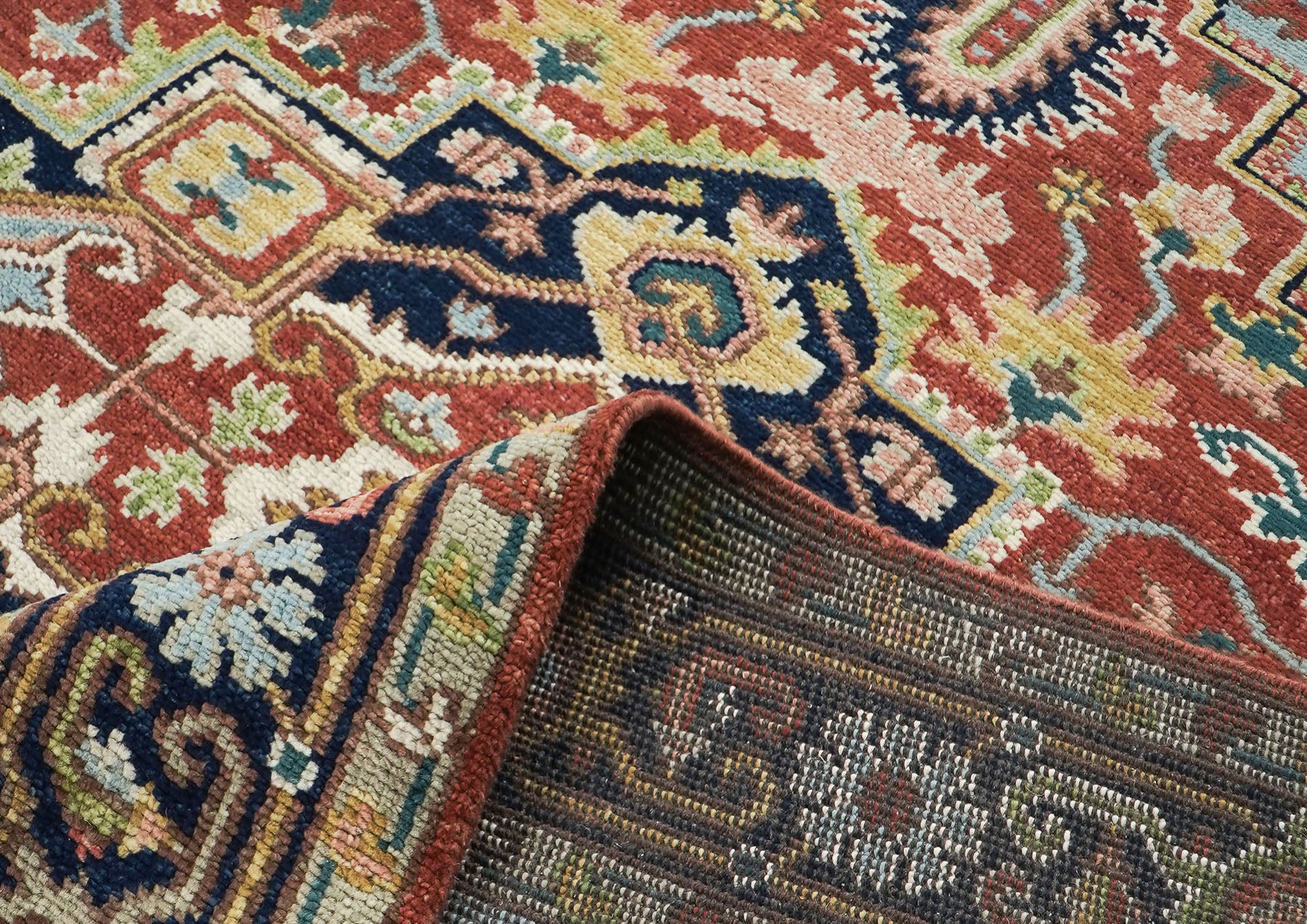 8x10 Rust, Navy, Aqua Color Hand Knotted Heriz Wool Traditional Oriental Rug