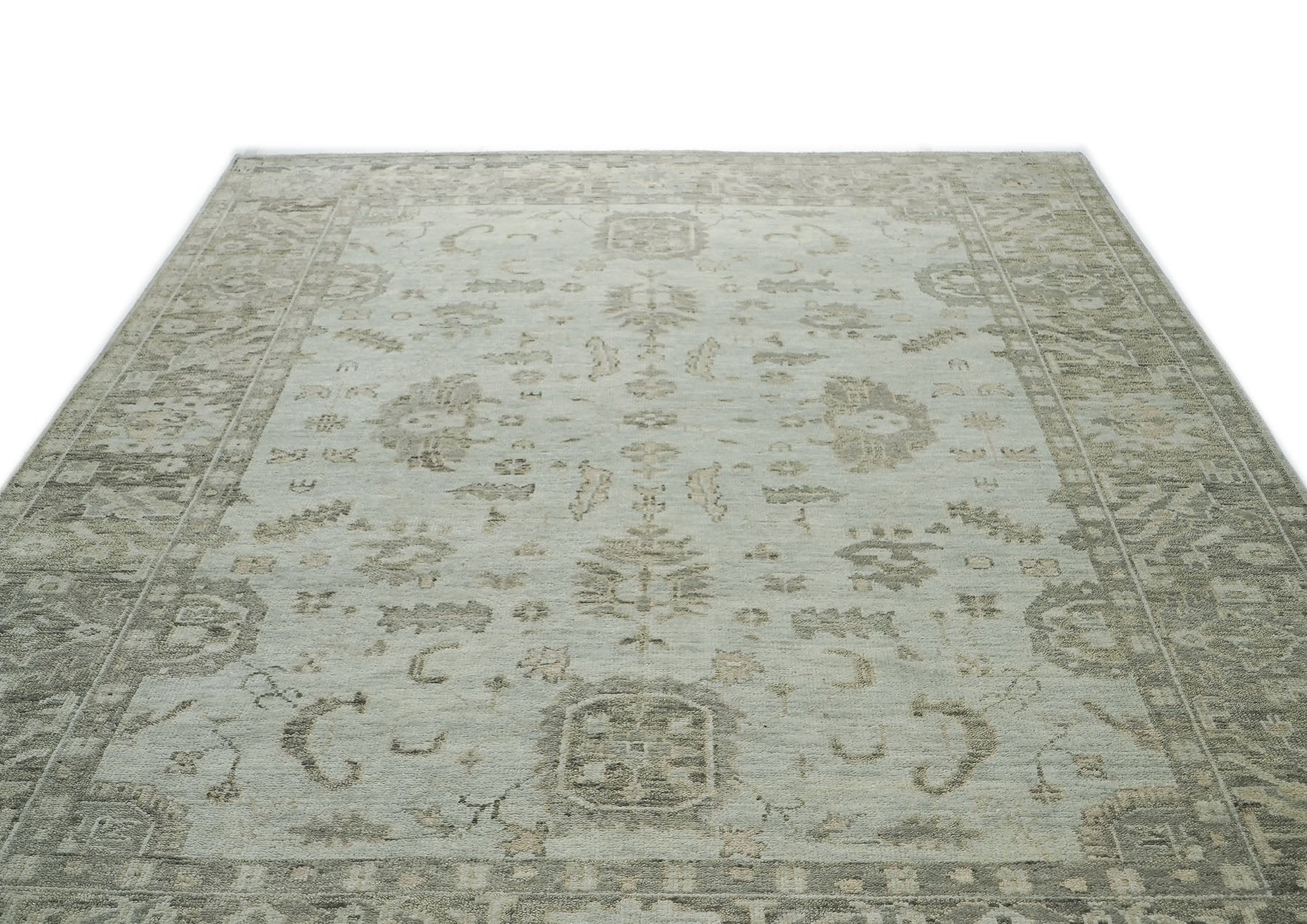 10x14 Gray, Moss, Multi Color Hand Knotted Oushak Wool Transitional Oriental Rug