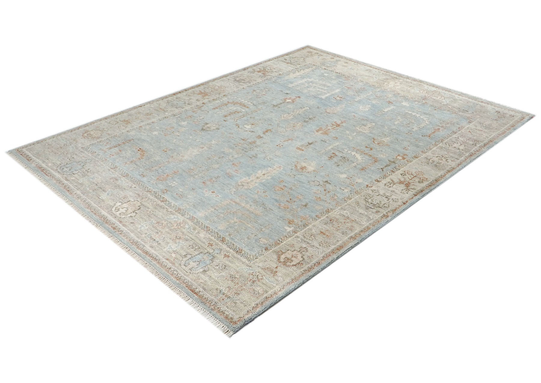 8x10 Blue, Beige, Taupe Color Hand Knotted Oushak Wool Transitional Oriental Rug