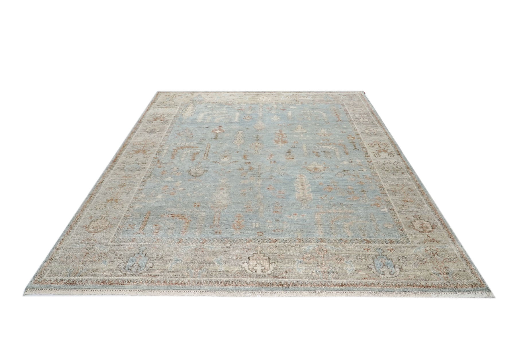 8x10 Blue, Beige, Taupe Color Hand Knotted Oushak Wool Transitional Oriental Rug