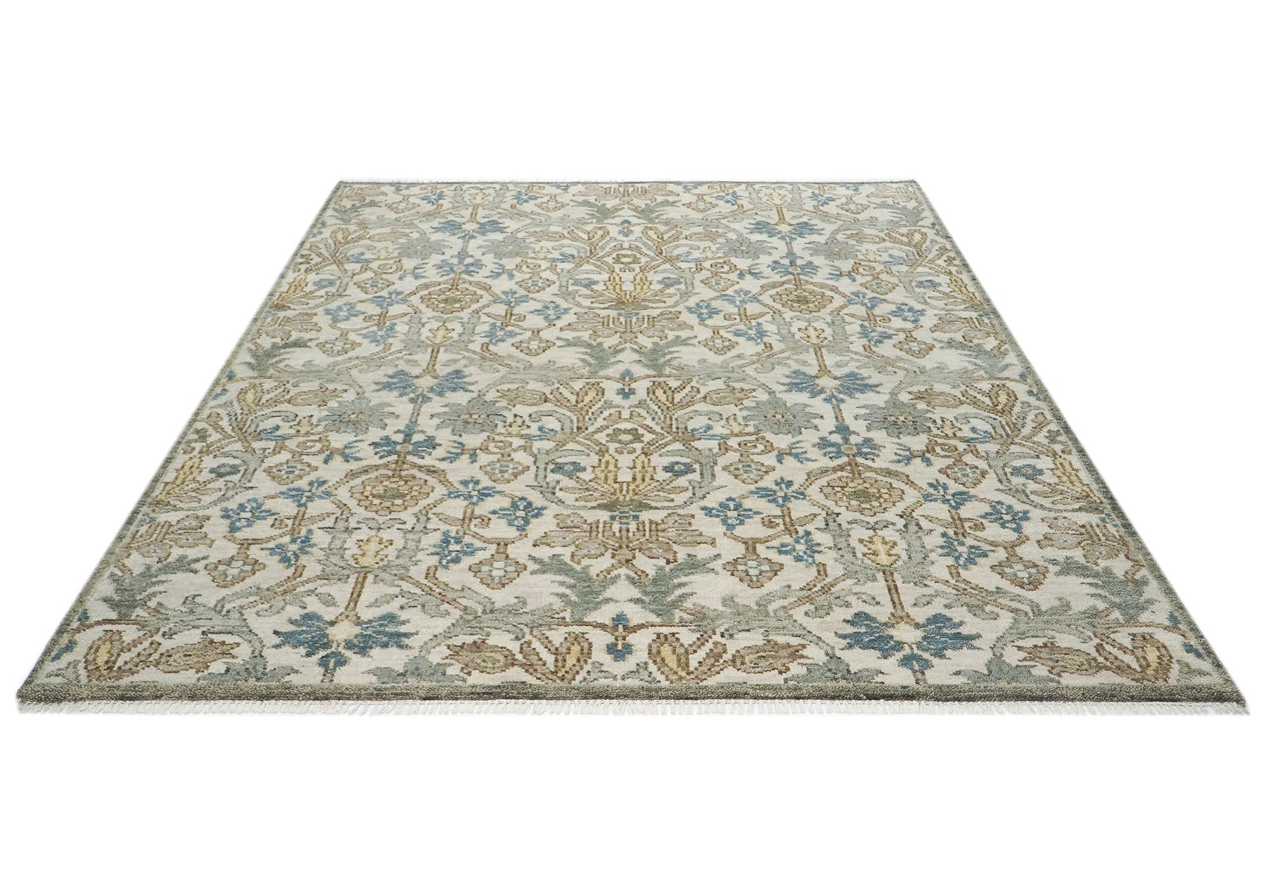 8x10 Beige, Blue, Gray Color Hand Knotted Oushak Wool Transitional Oriental Rug