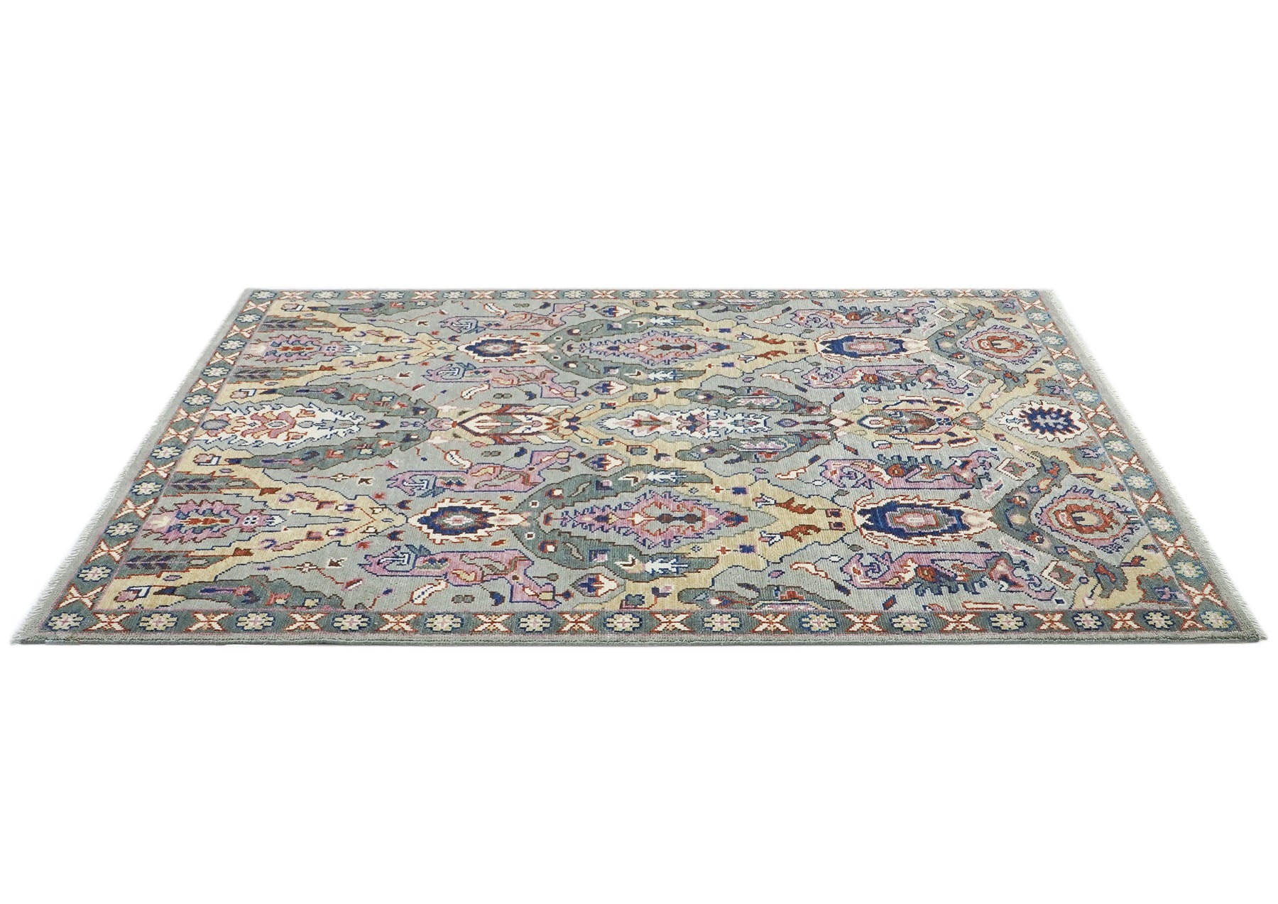 8x10 Gray, Pink, Gold Color Hand Knotted Oushak Wool Arts & Crafts Oriental Rug