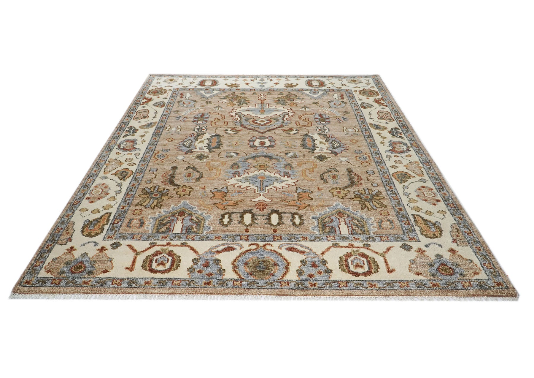 8x10 Mocha, Ivory, Gray Color Hand Knotted Oushak Wool Arts & Crafts Oriental Rug